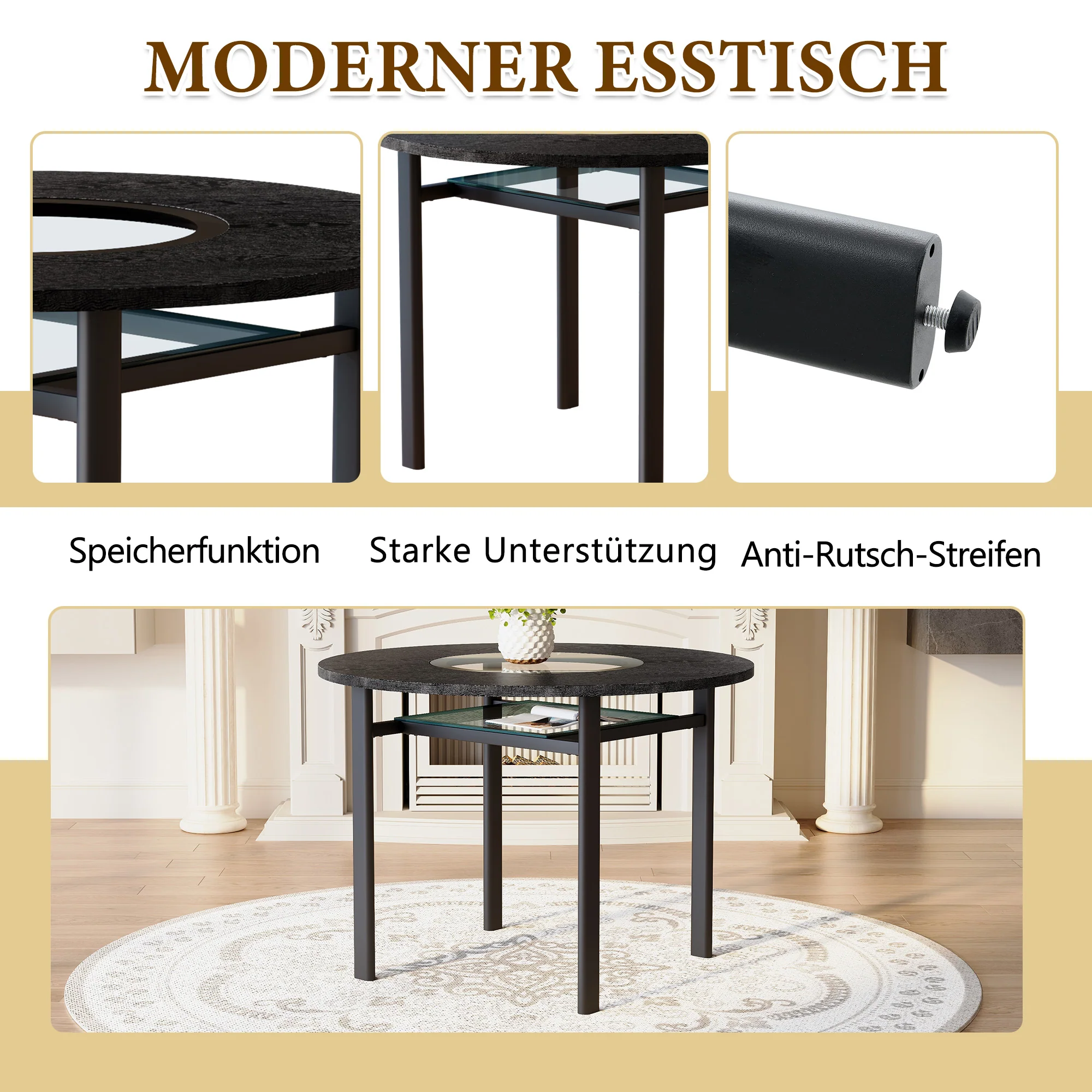 Modern Minimalist Round Table Set 100cm with 4 Tech Fabric Armchairs Black Wood Look & Brown - Image 9