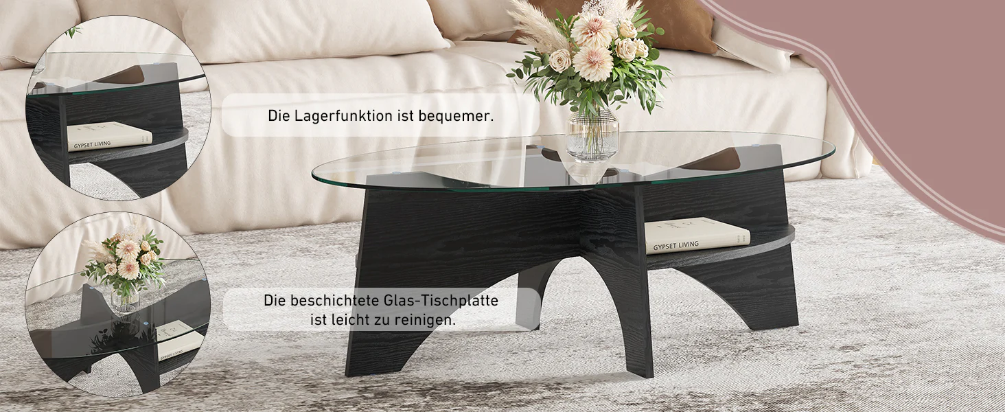 Modern Oval Side Table Multifunctional Safety Glass 105x60cm Black Wood Look - Image 10