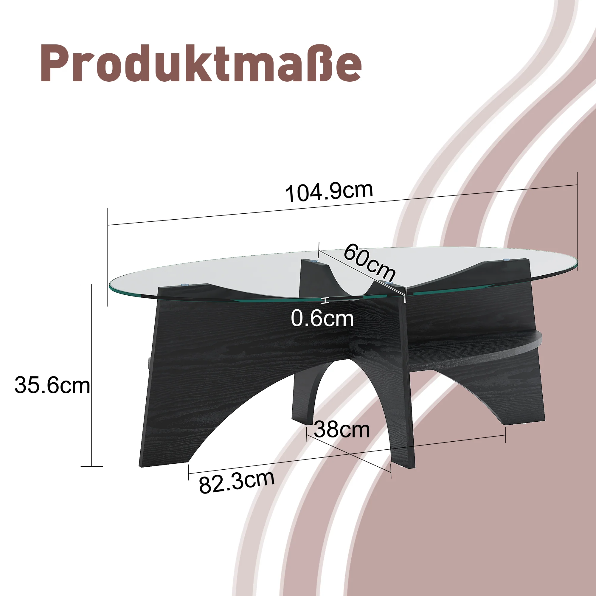Modern Oval Side Table Multifunctional Safety Glass 105x60cm Black Wood Look - Image 2