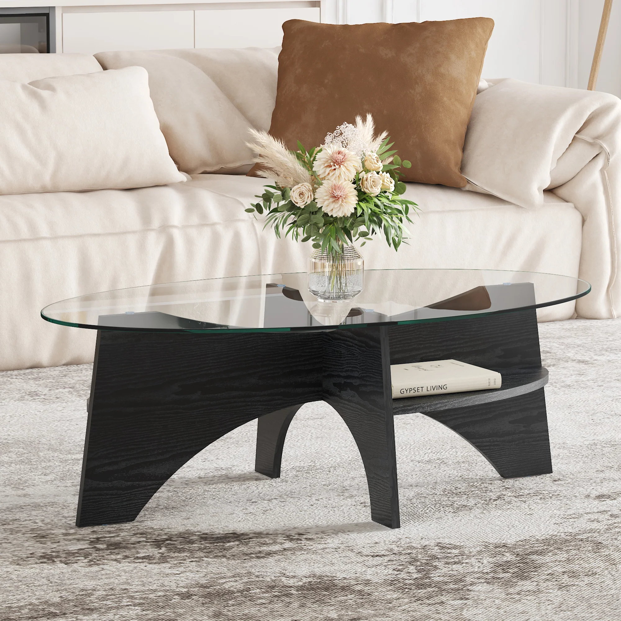 Modern Oval Side Table Multifunctional Safety Glass 105x60cm Black Wood Look - Image 3