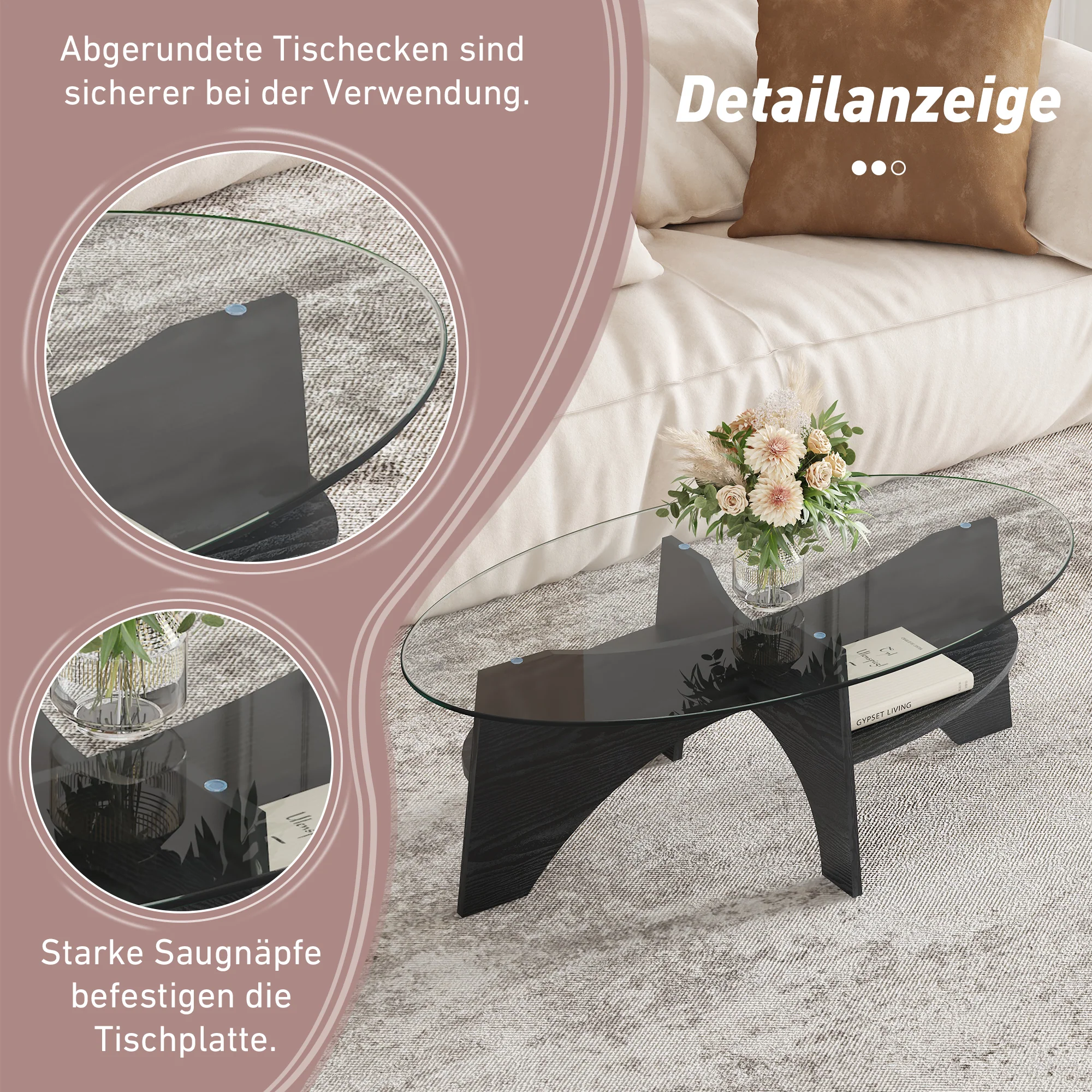 Modern Oval Side Table Multifunctional Safety Glass 105x60cm Black Wood Look - Image 5