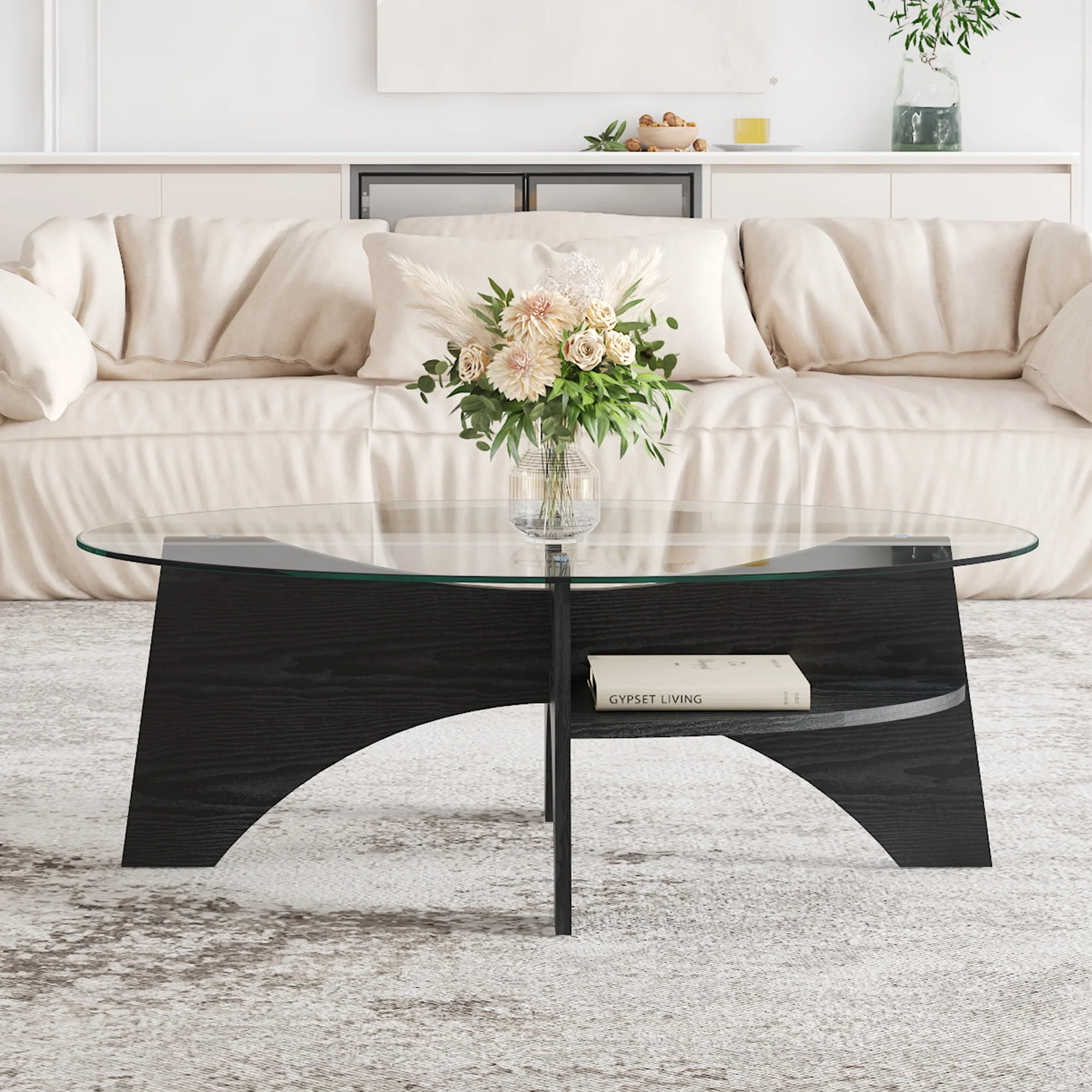 Modern Oval Side Table Multifunctional Safety Glass 105x60cm Black Wood Look - Image 6