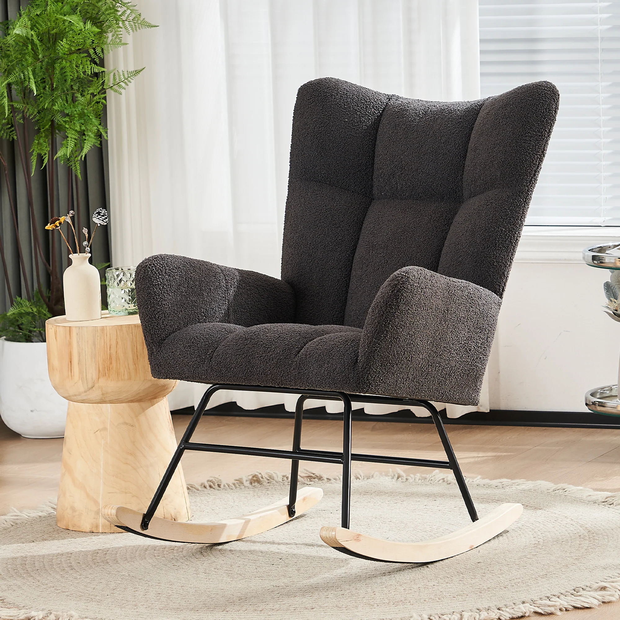 Modern Rocking Chair High Back Armrests - Grey