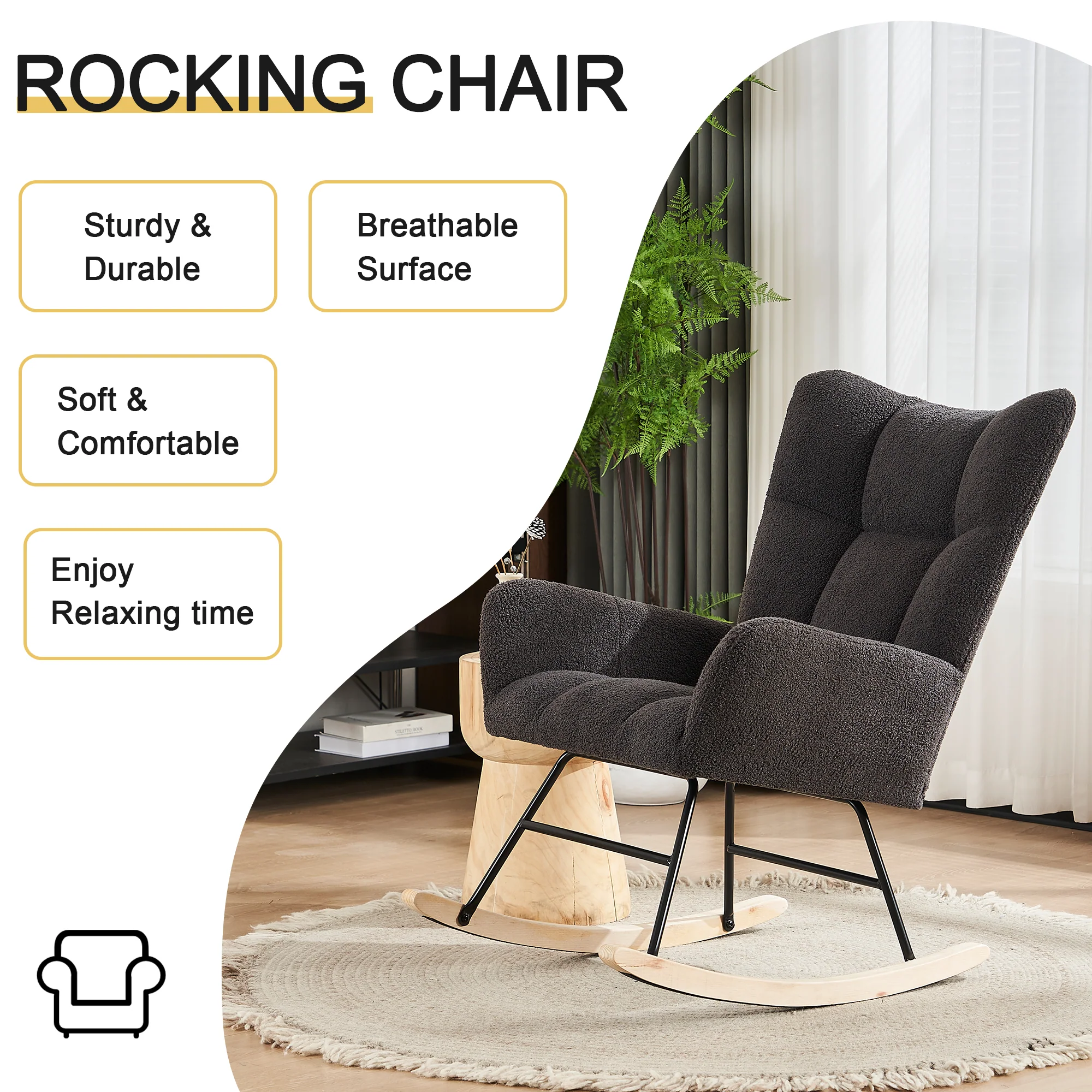 Modern Rocking Chair High Back Armrests - Grey - Image 2