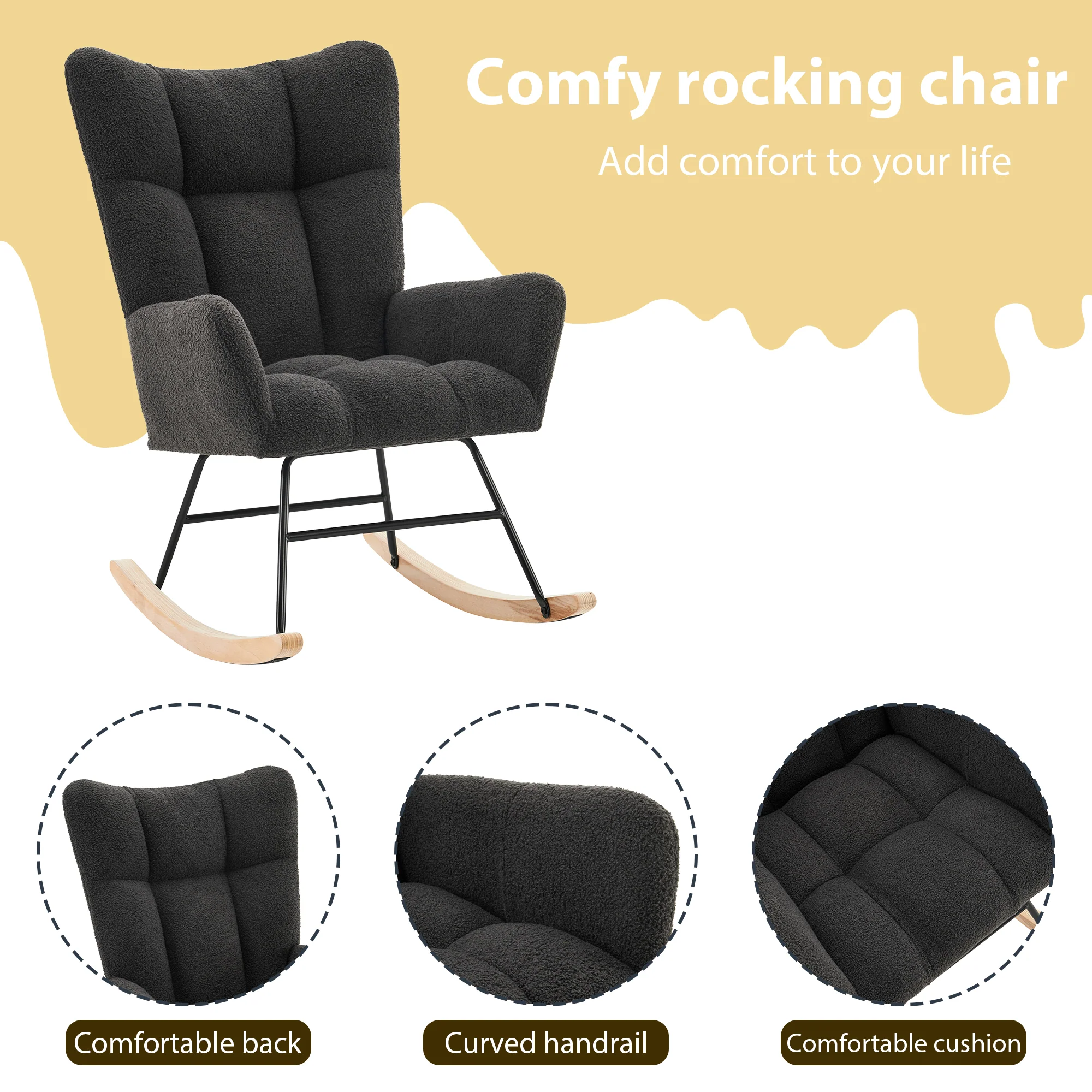 Modern Rocking Chair High Back Armrests - Grey - Image 3