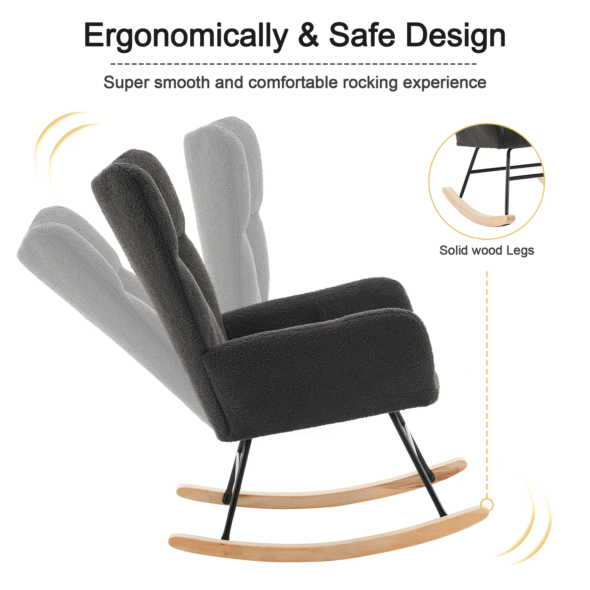 Modern Rocking Chair High Back Armrests - Grey - Image 4