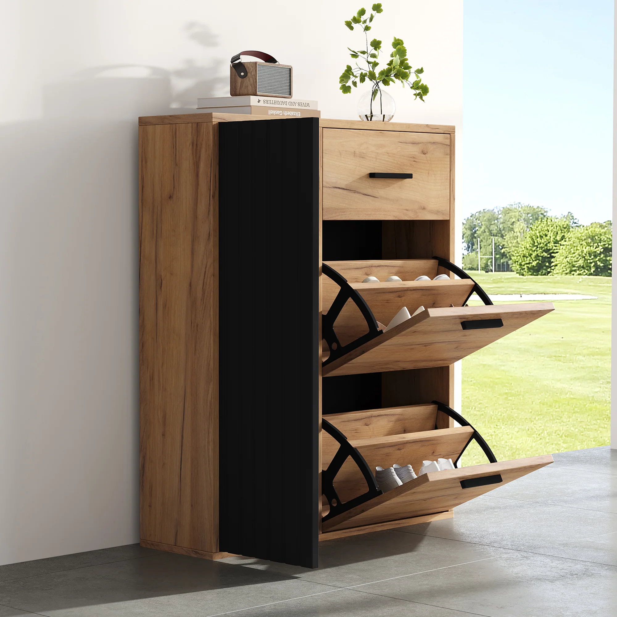 Modern Shoe Cabinet, Adjustable Shelves 1 Drawer 2 Drop-Down Doors, Black and Natural Tones - Image 4
