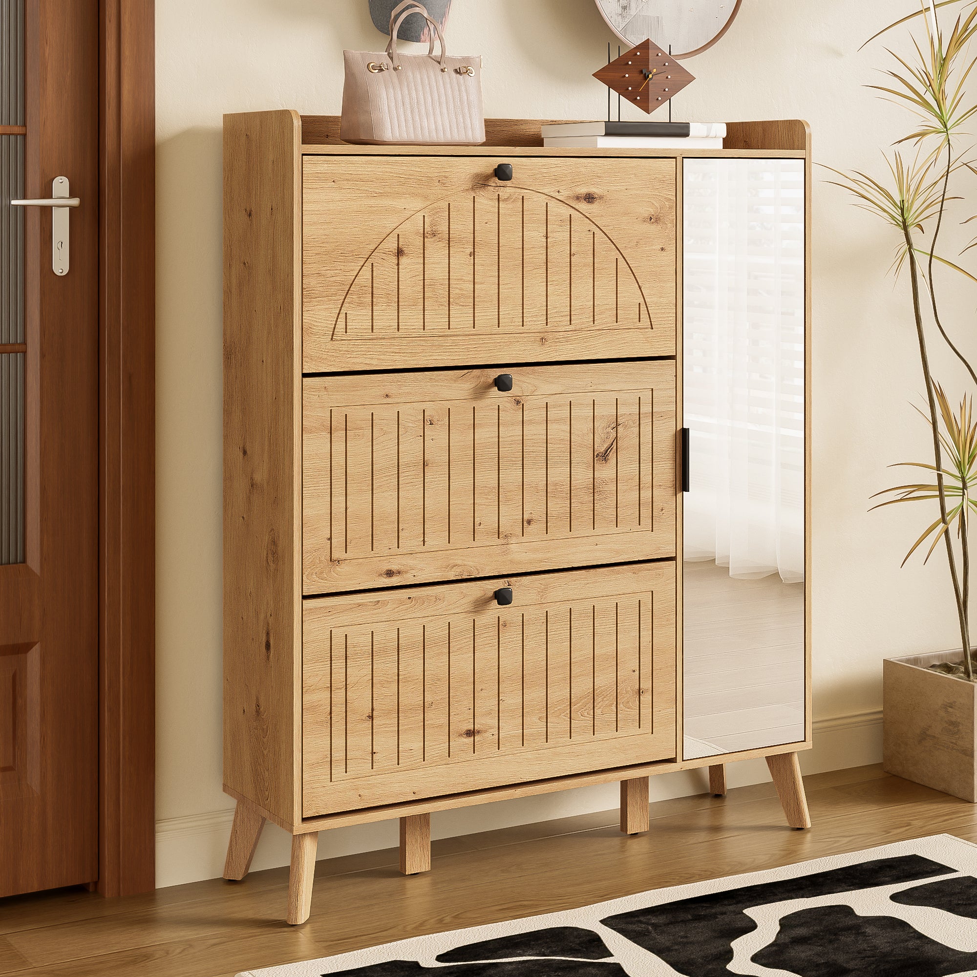 Modern Shoe Cabinet Mirror 3 Flap Doors 110x24x137.5cm