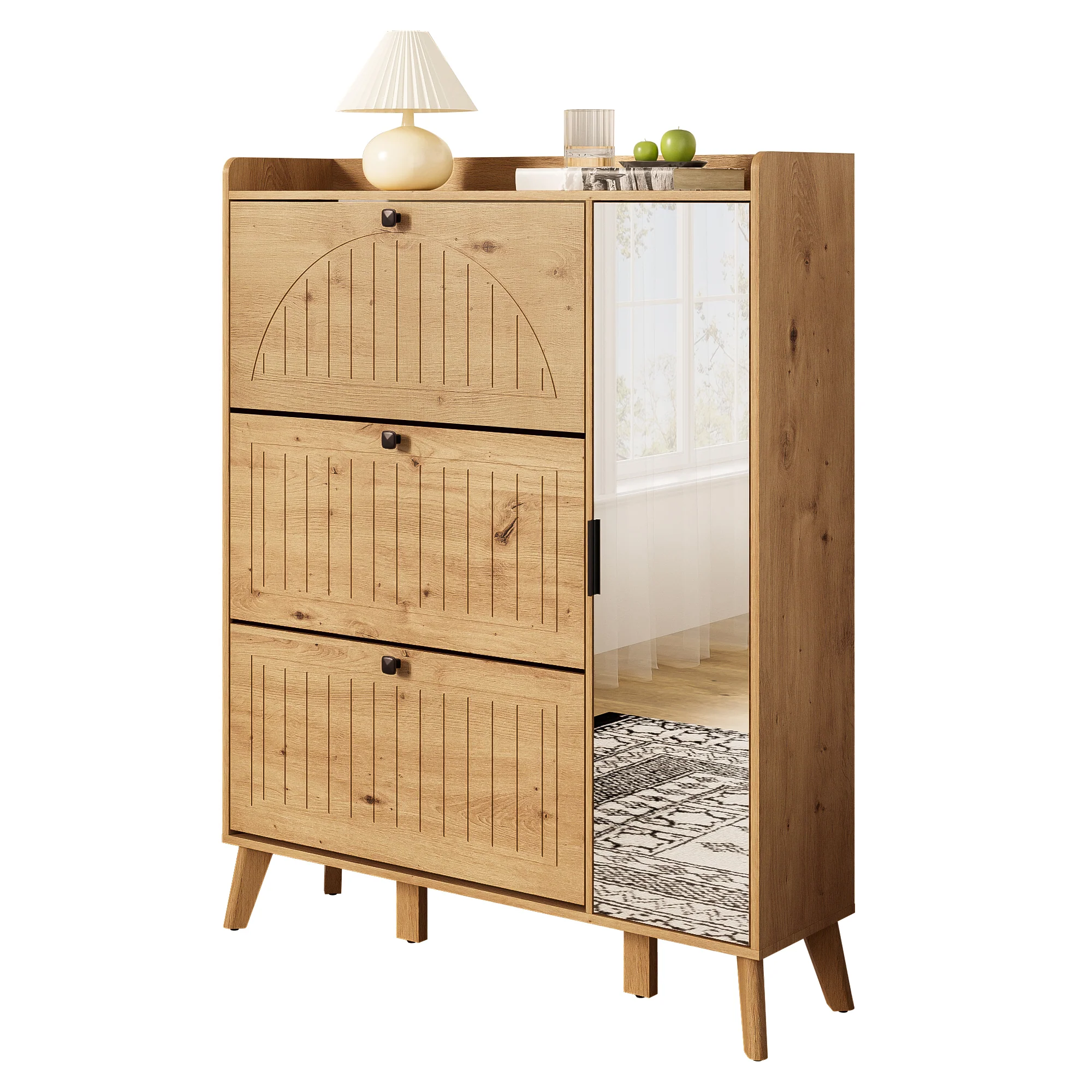 Modern Shoe Cabinet Mirror 3 Flap Doors 110x24x137.5cm - Image 2