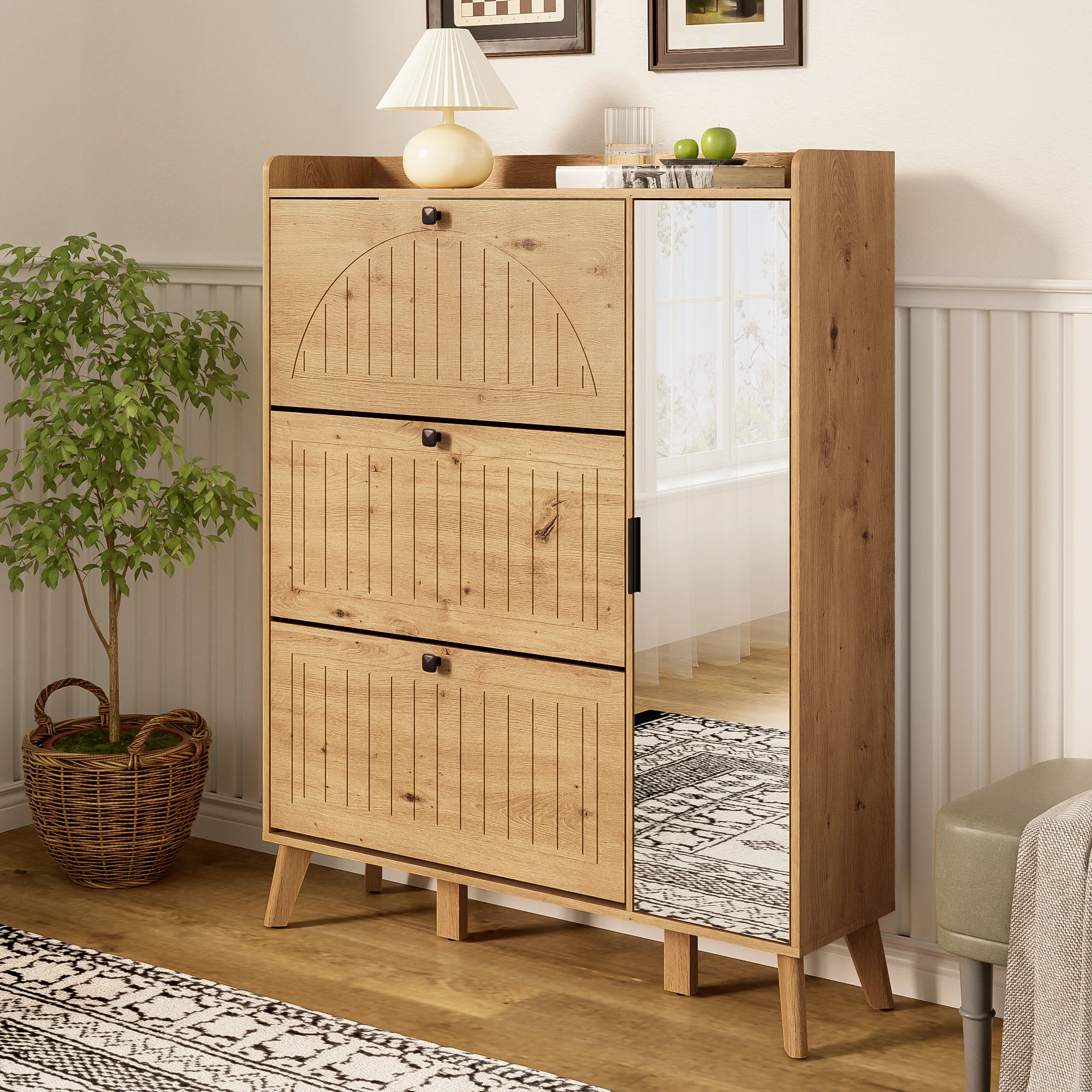 Modern Shoe Cabinet Mirror 3 Flap Doors 110x24x137.5cm - Image 3