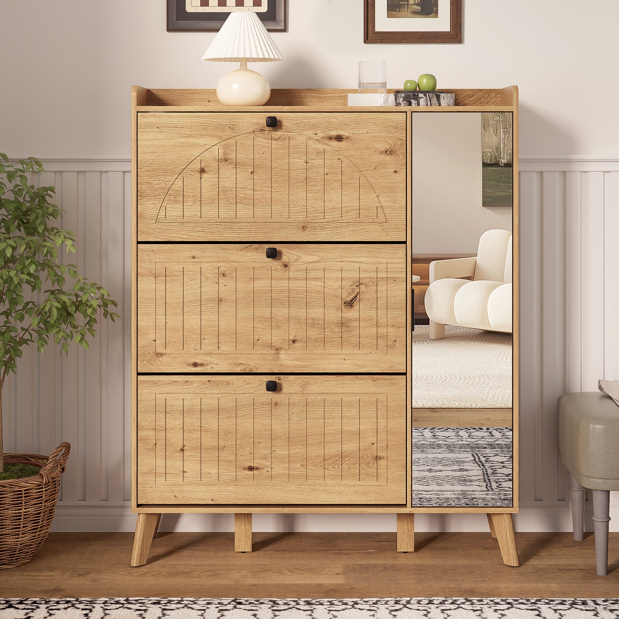 Modern Shoe Cabinet Mirror 3 Flap Doors 110x24x137.5cm - Image 4