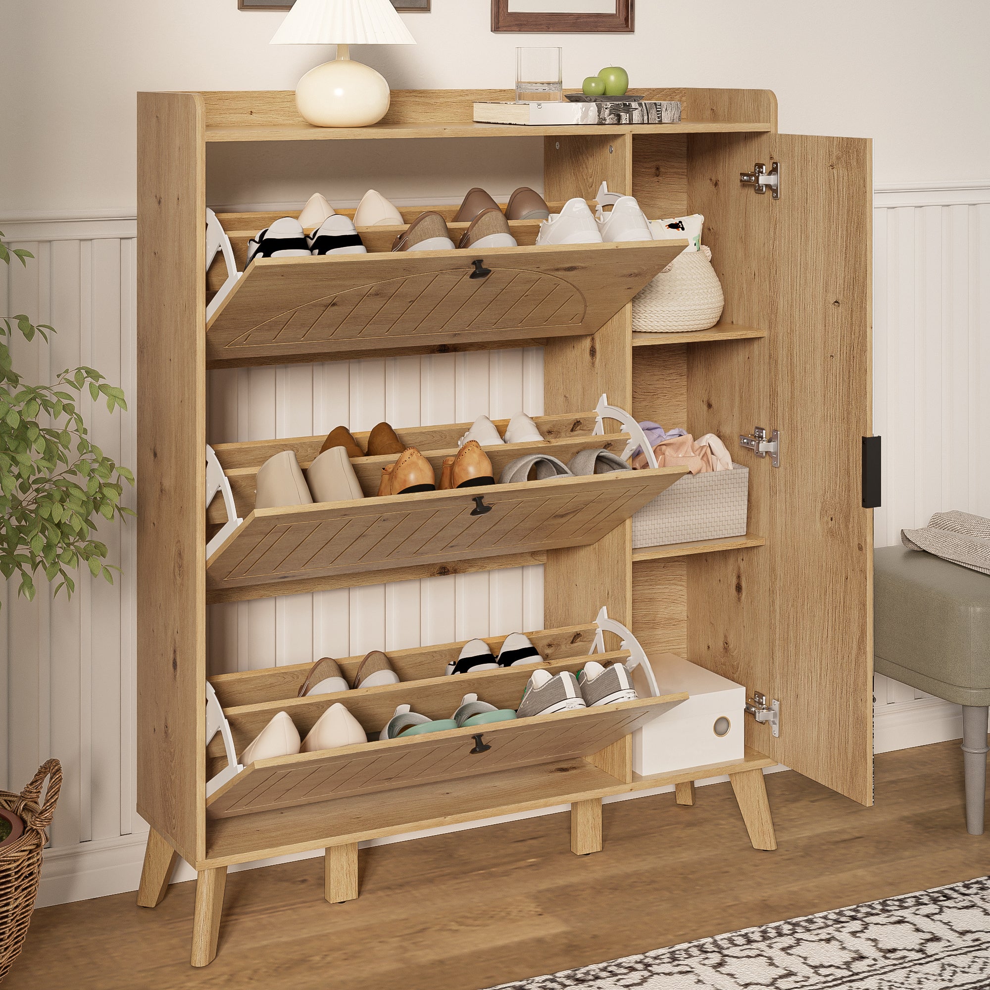 Modern Shoe Cabinet Mirror 3 Flap Doors 110x24x137.5cm - Image 5
