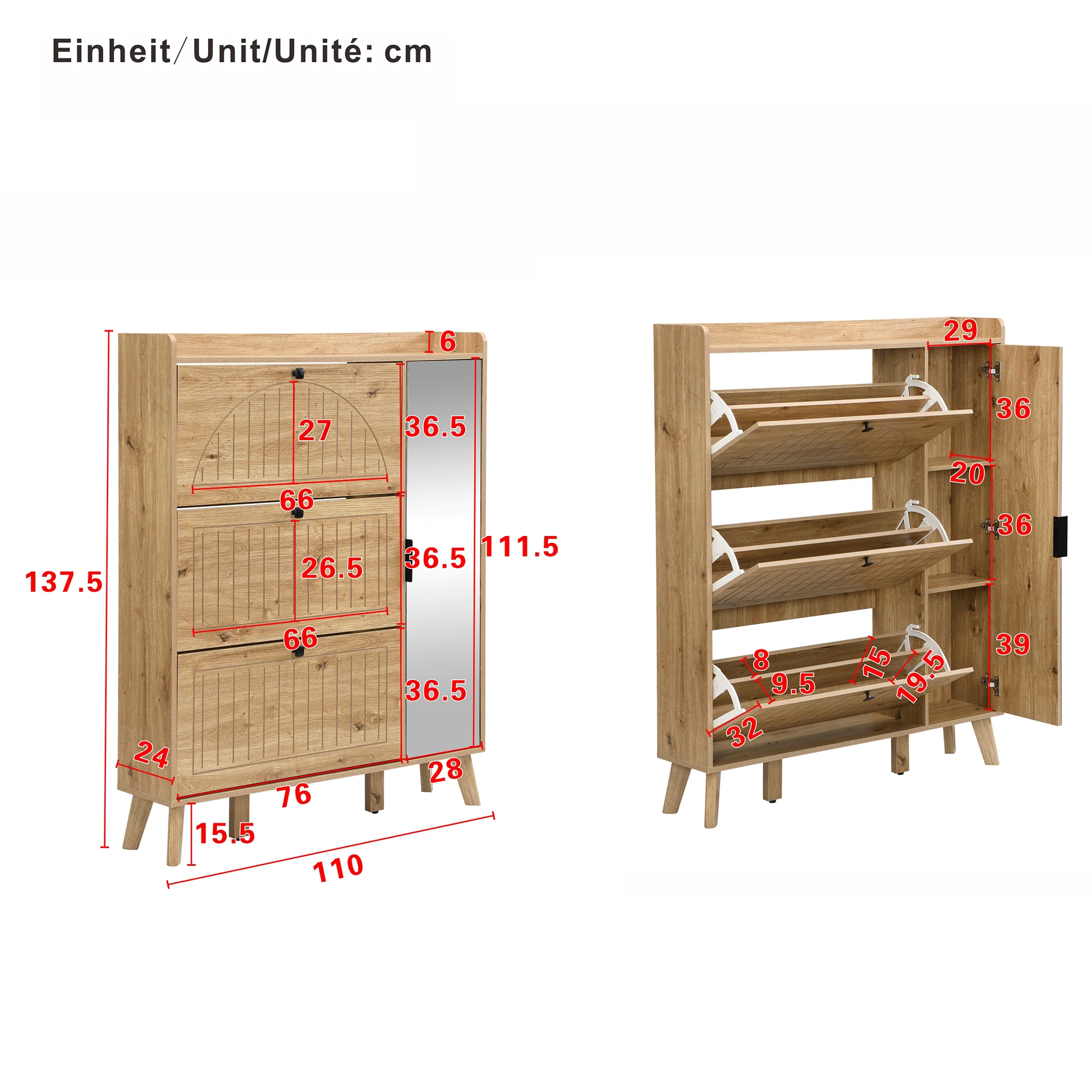 Modern Shoe Cabinet Mirror 3 Flap Doors 110x24x137.5cm - Image 6