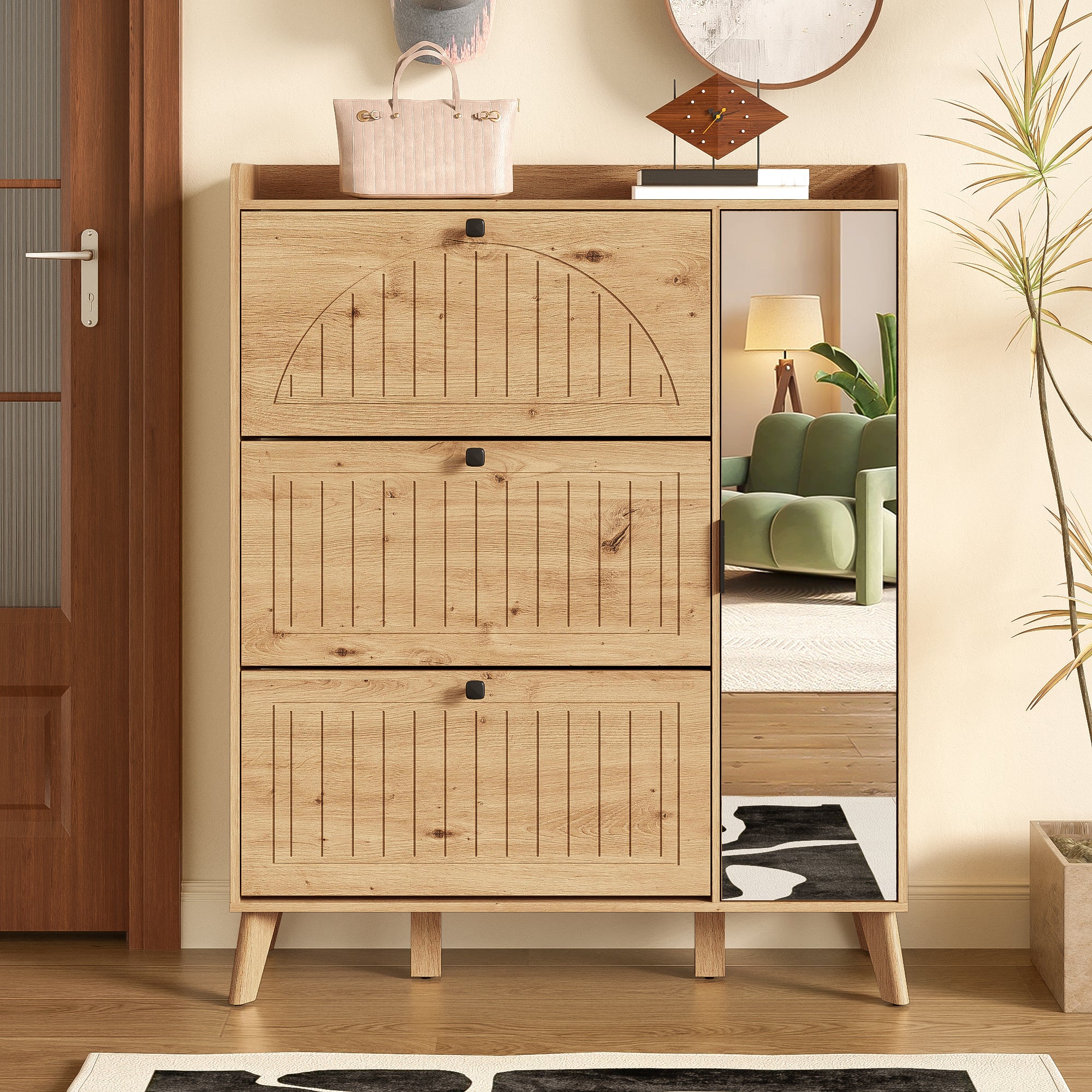 Modern Shoe Cabinet Mirror 3 Flap Doors 110x24x137.5cm - Image 7