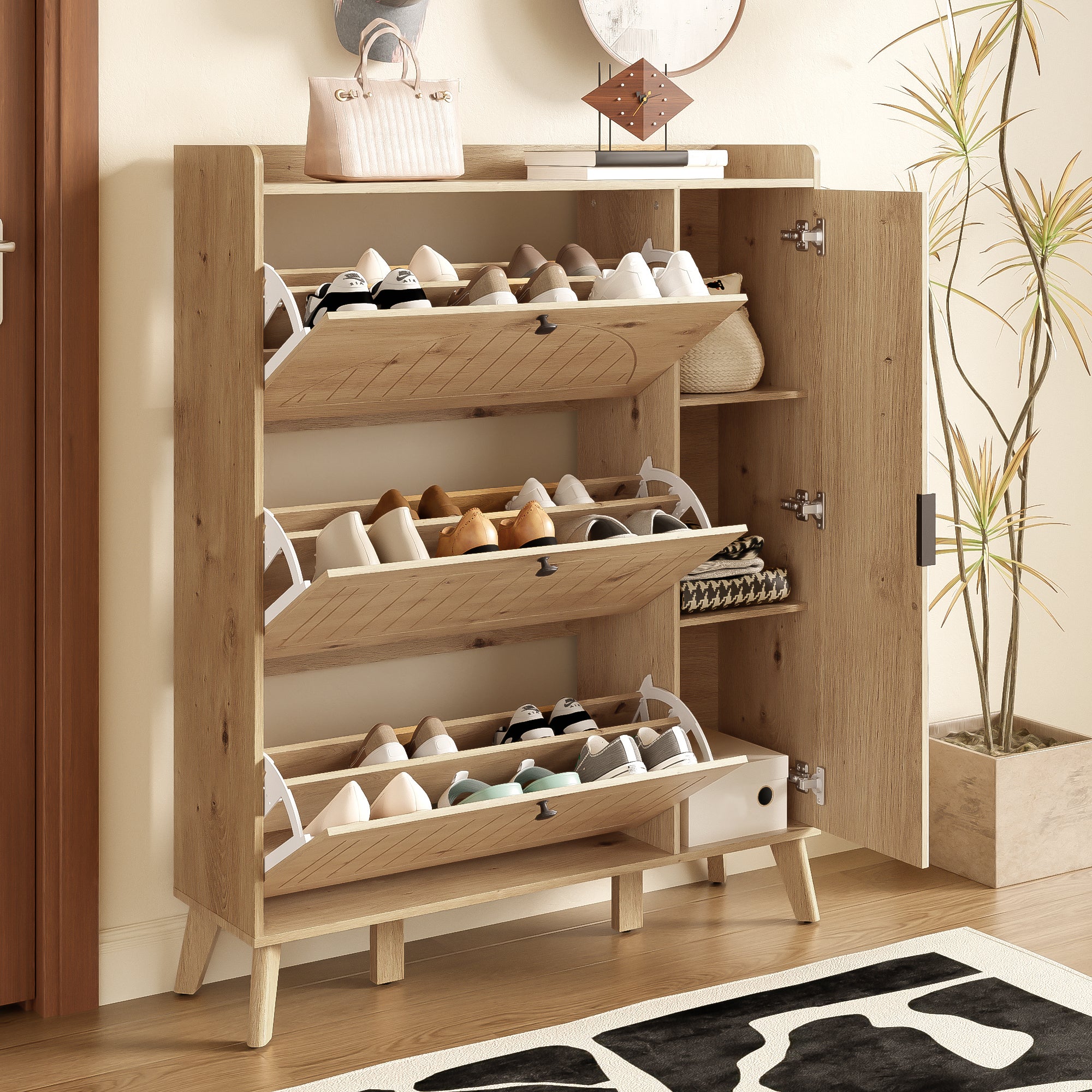 Modern Shoe Cabinet Mirror 3 Flap Doors 110x24x137.5cm - Image 8