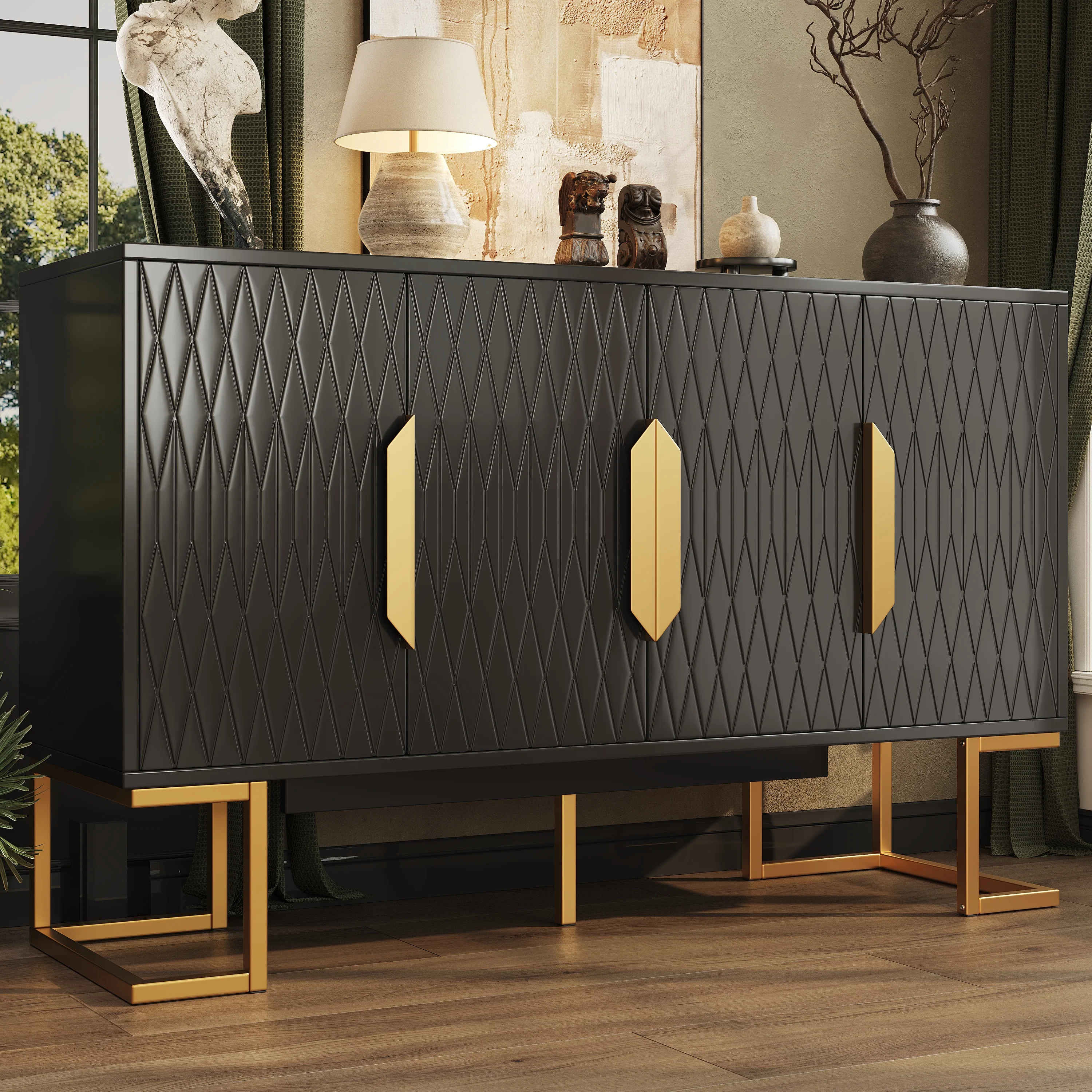 Modern Side Cabinet 140x40x80cm 4 Doors Adjustable Shelves - Blue/Black