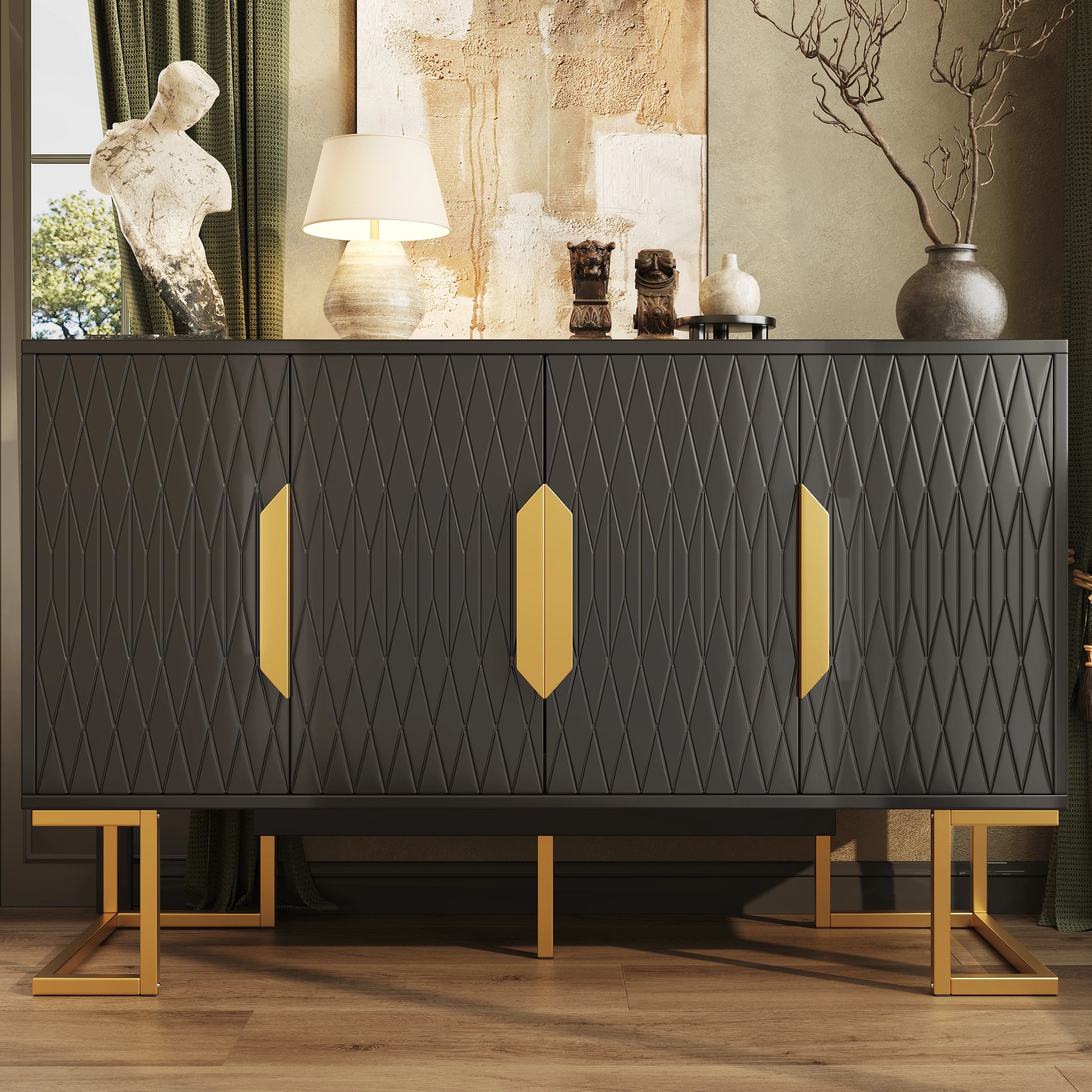 Modern Side Cabinet 140x40x80cm 4 Doors Adjustable Shelves - Blue/Black - Image 2