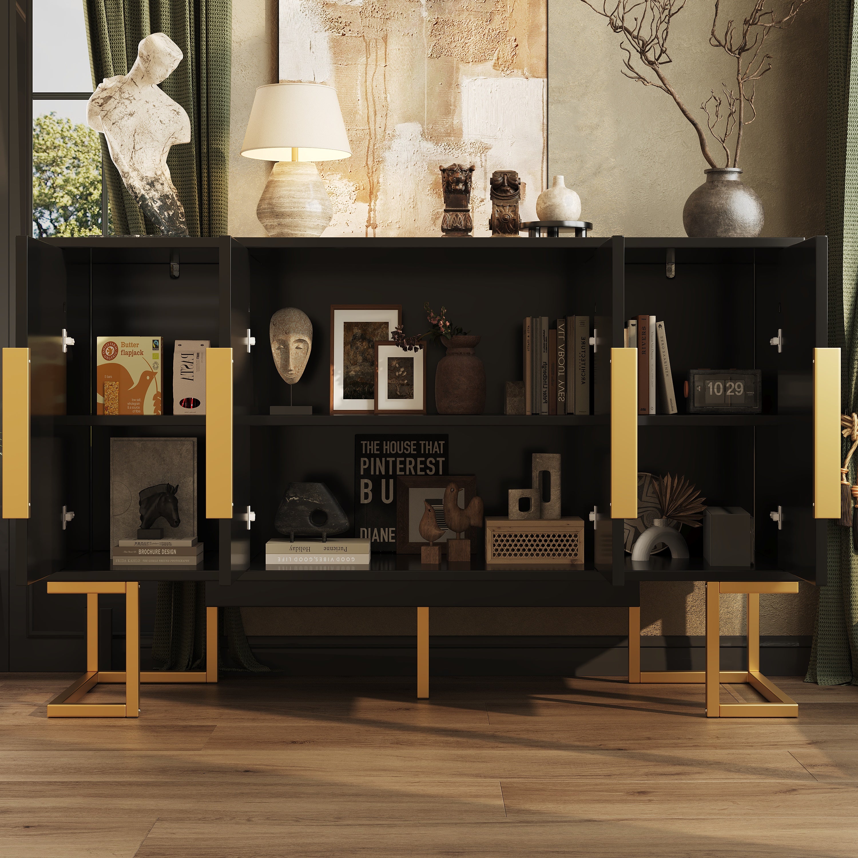 Modern Side Cabinet 140x40x80cm 4 Doors Adjustable Shelves - Blue/Black - Image 3