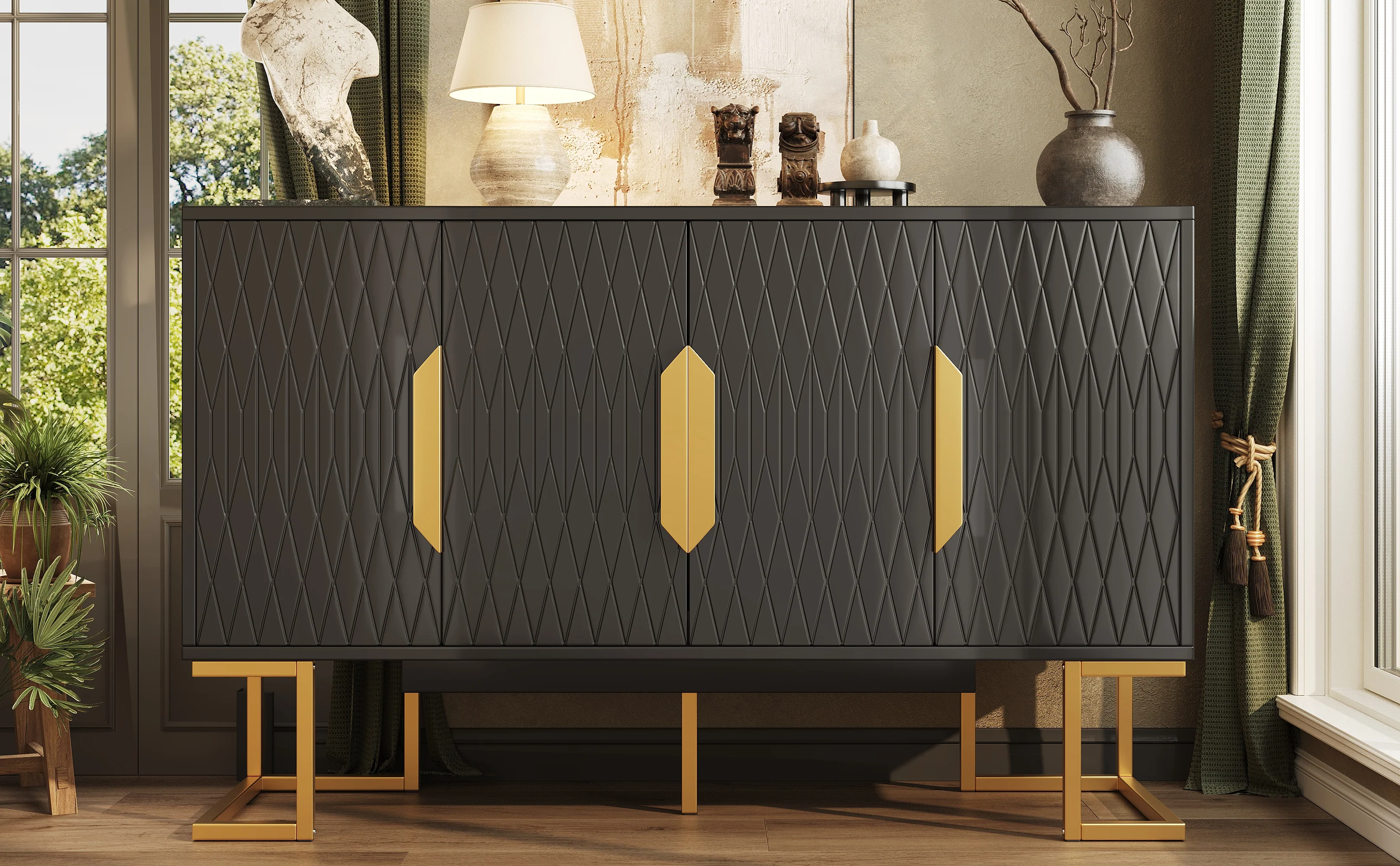 Modern Side Cabinet 140x40x80cm 4 Doors Adjustable Shelves - Blue/Black - Image 4