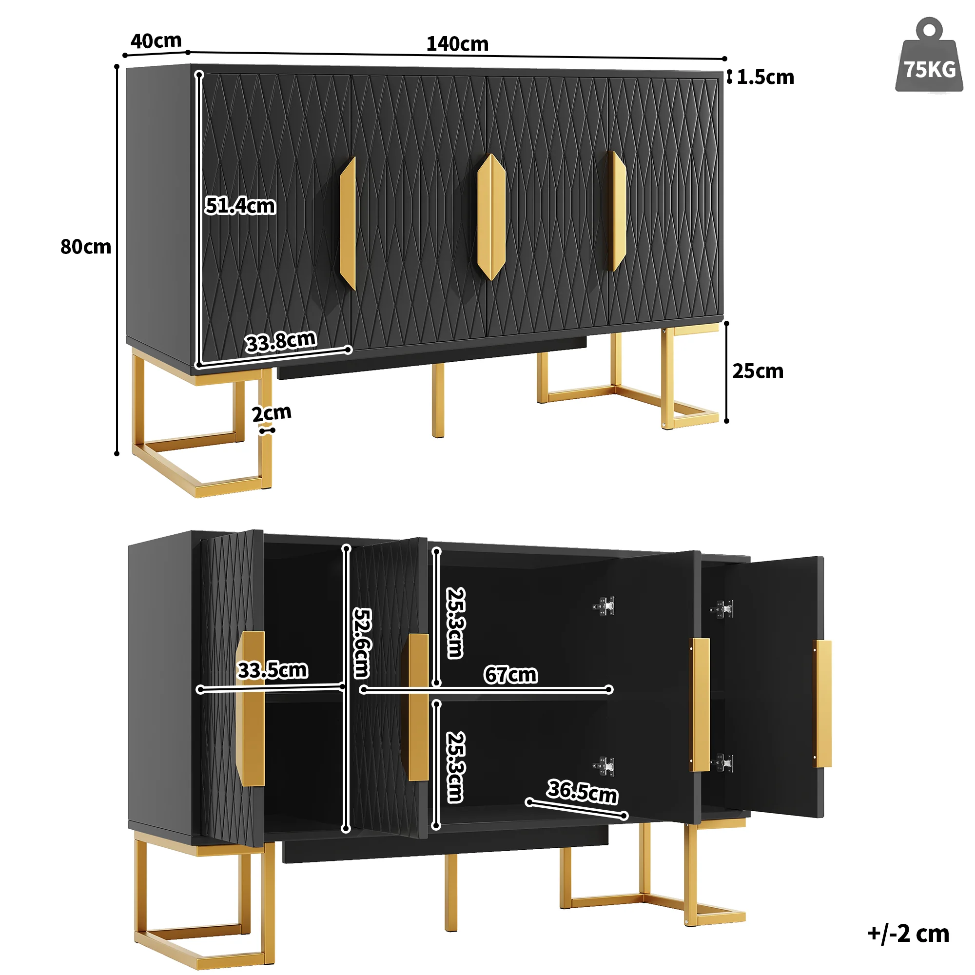 Modern Side Cabinet 140x40x80cm 4 Doors Adjustable Shelves - Blue/Black - Image 5