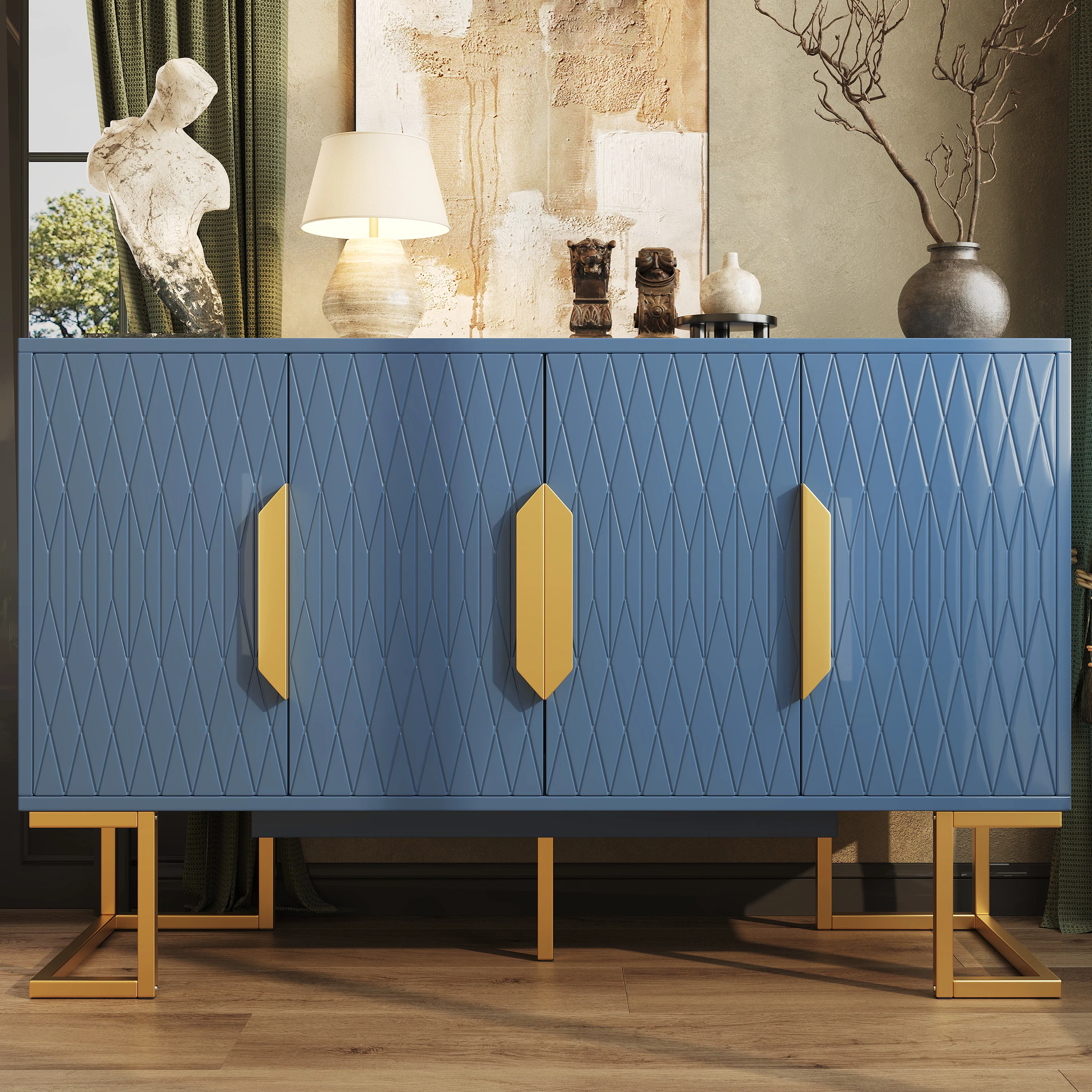 Modern Side Cabinet 140x80cm 4 Doors Adjustable Shelves - Blue/Black - Image 2