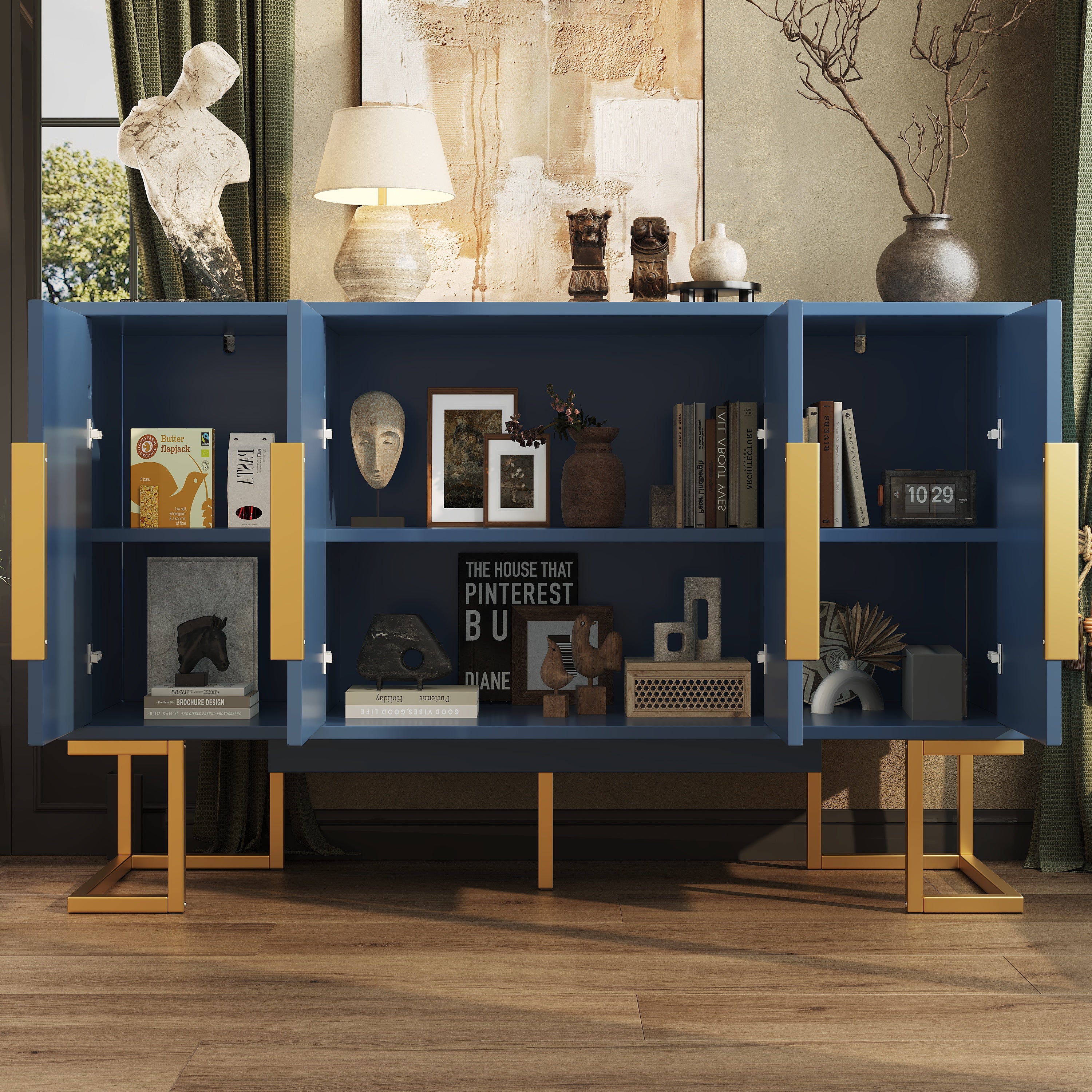 Modern Side Cabinet 140x80cm 4 Doors Adjustable Shelves - Blue/Black - Image 3