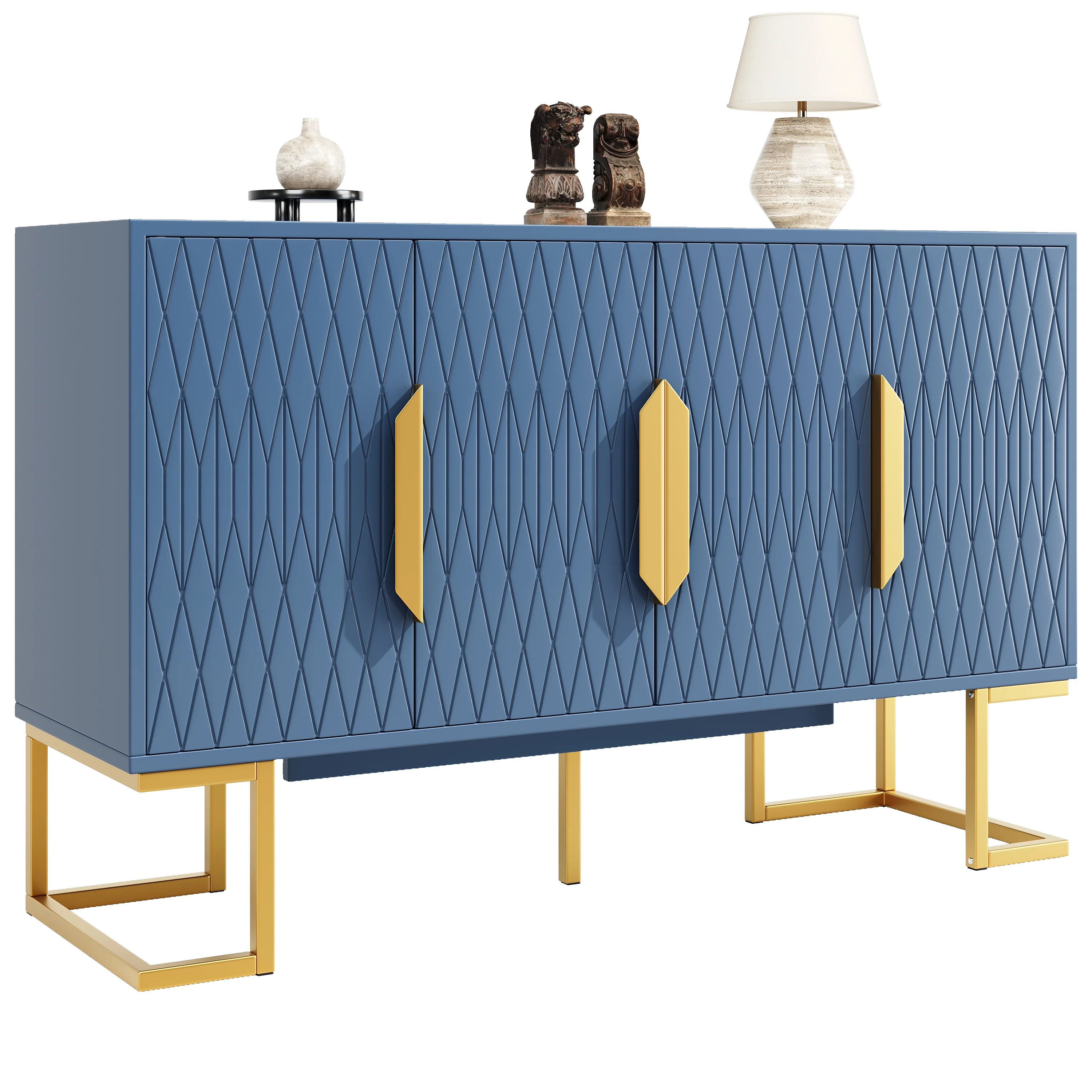Modern Side Cabinet 140x80cm 4 Doors Adjustable Shelves - Blue/Black - Image 7