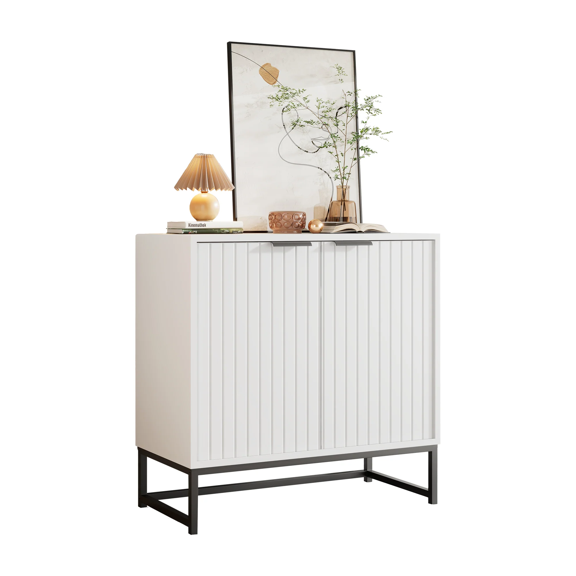 Modern sideboard chest of drawers with 2 doors, standing storage cabinet with metal handles and frame legs, vacuum forming - Image 2