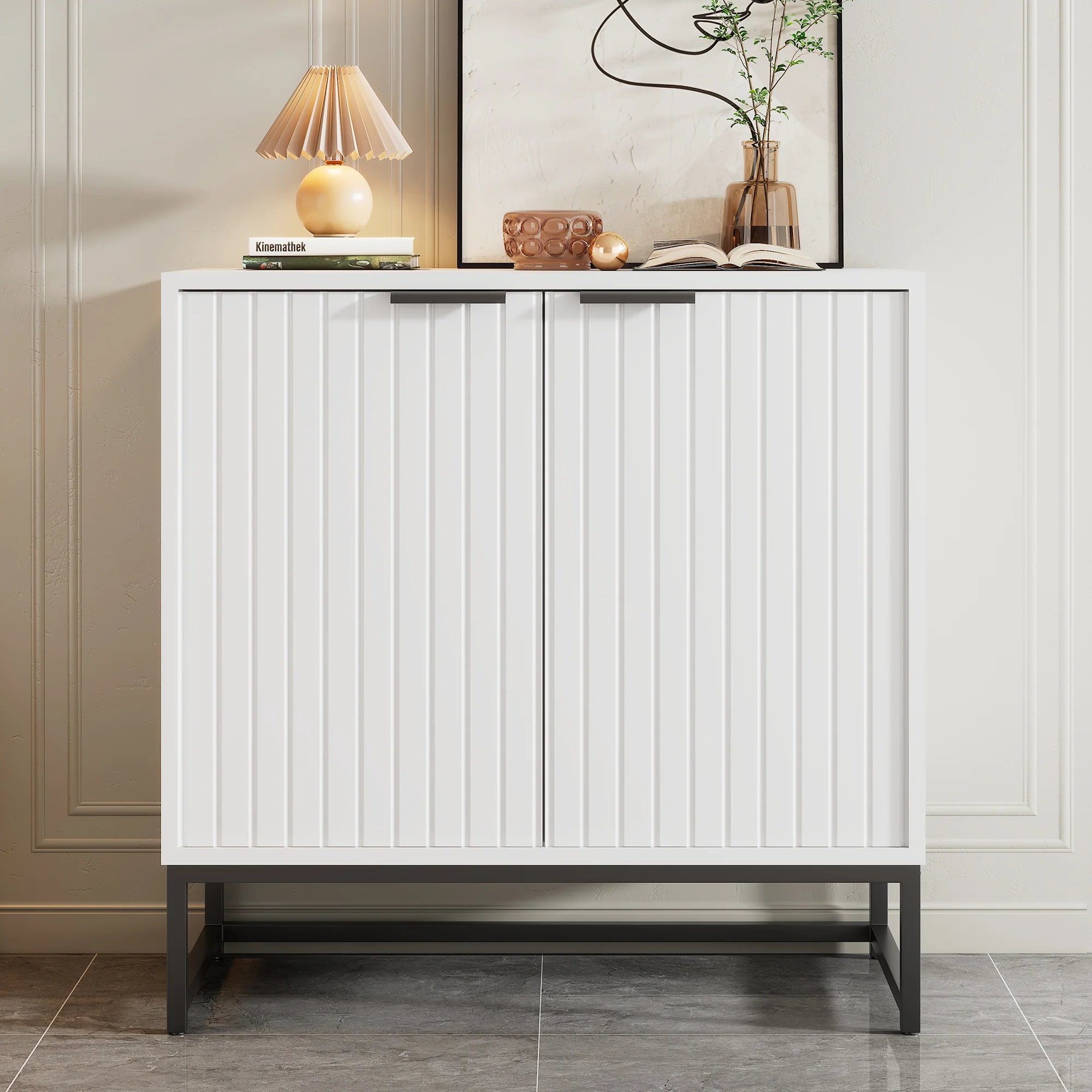 Modern sideboard chest of drawers with 2 doors, standing storage cabinet with metal handles and frame legs, vacuum forming - Image 3