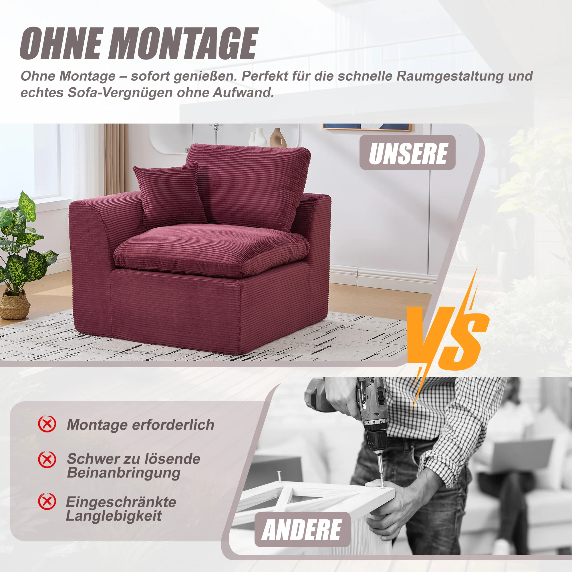Modern Single-Seater Sofa Armchair Nordic Minimalist with Cushion - Fabric - Image 4