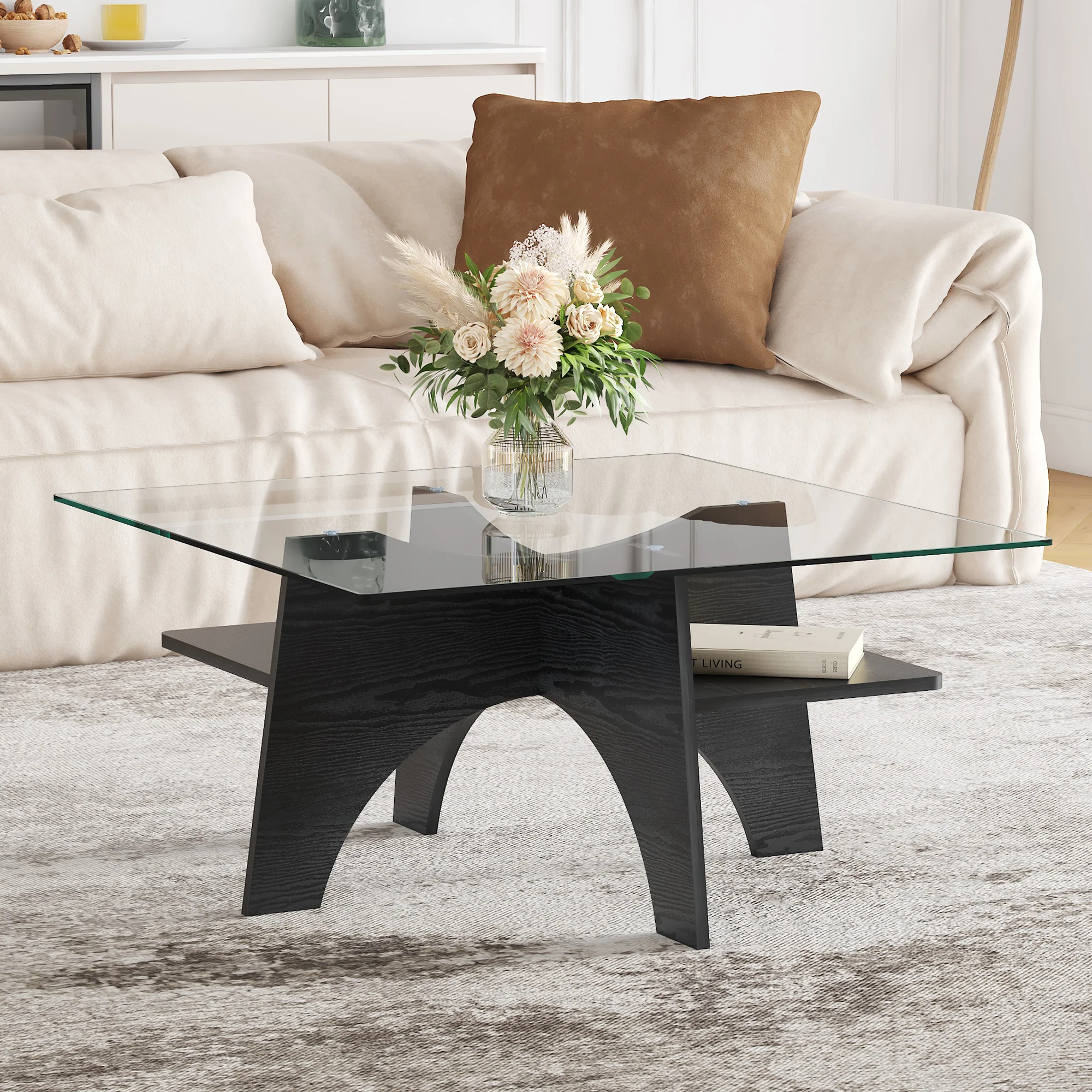 Modern Square Side/Coffee Table Tempered Glass 80cm - Black Wood Look - Image 2