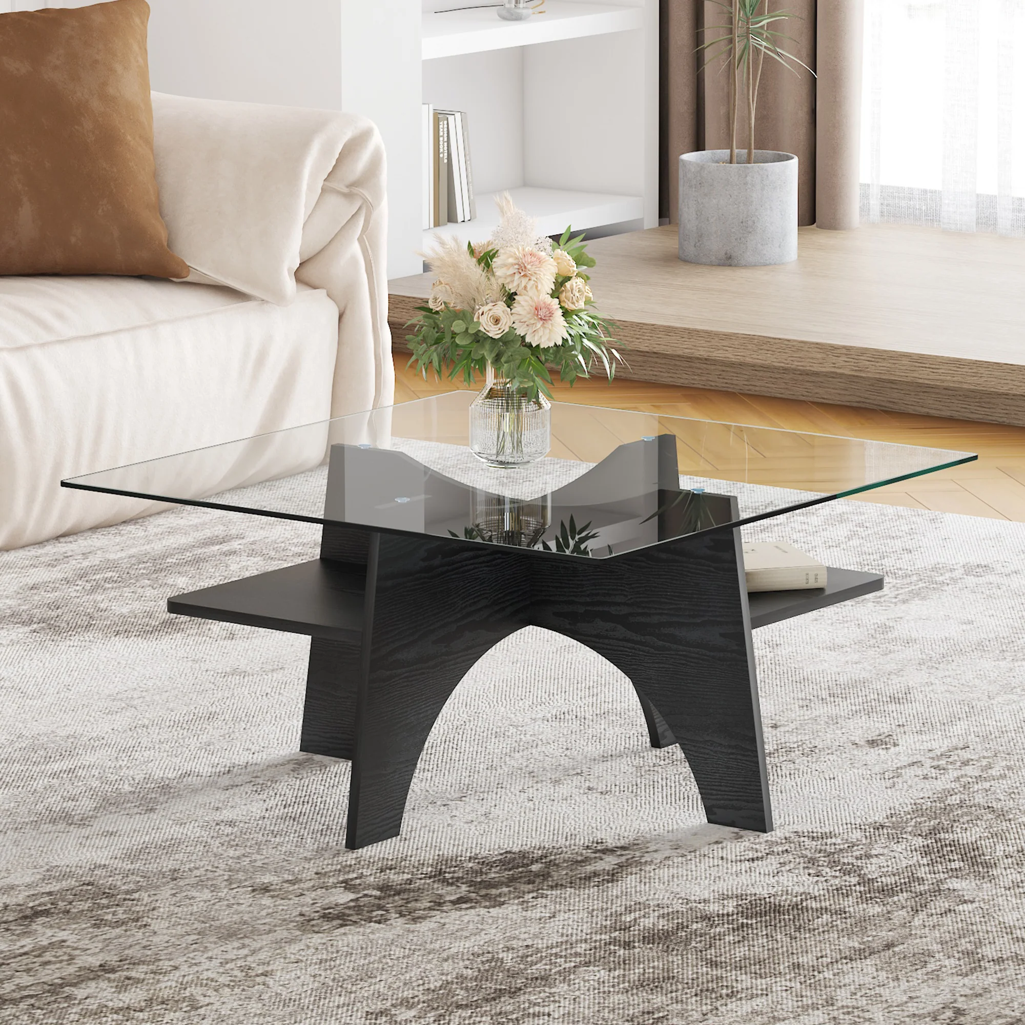 Modern Square Side/Coffee Table Tempered Glass 80cm - Black Wood Look - Image 3