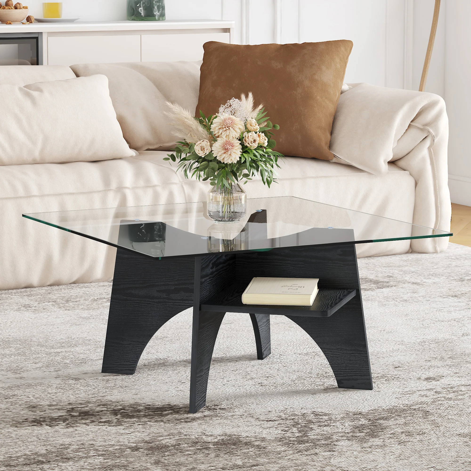 Modern Square Side/Coffee Table Tempered Glass 80cm - Black Wood Look - Image 4