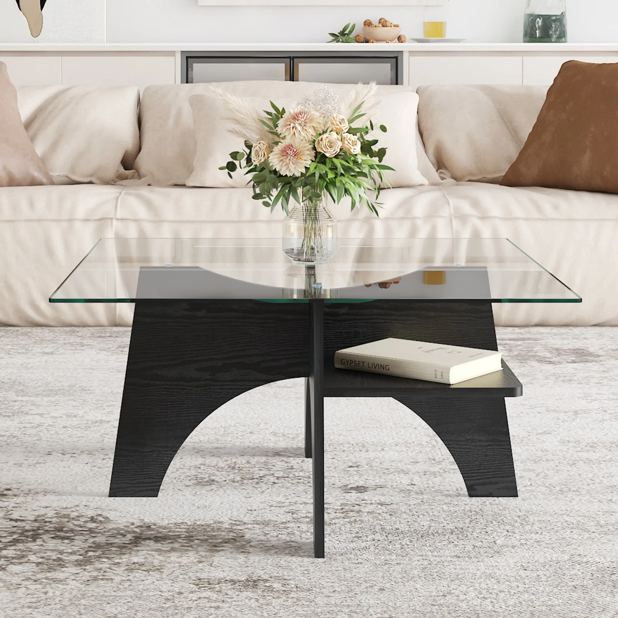 Modern Square Side/Coffee Table Tempered Glass 80cm - Black Wood Look - Image 5