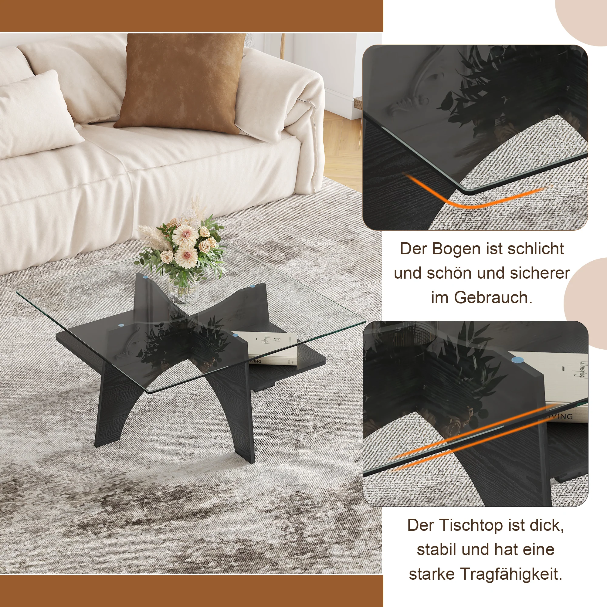 Modern Square Side/Coffee Table Tempered Glass 80cm - Black Wood Look - Image 7