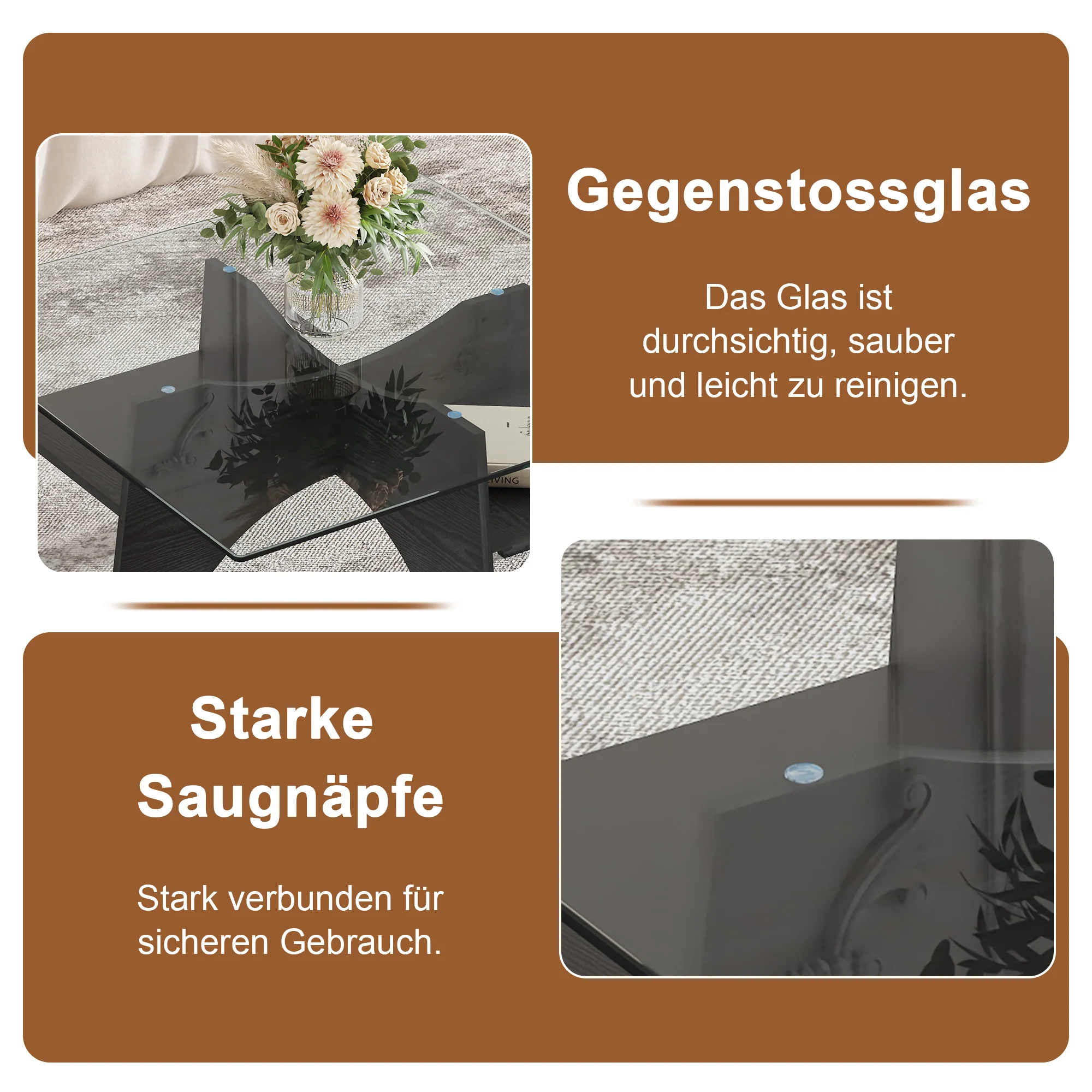 Modern Square Side/Coffee Table Tempered Glass 80cm - Black Wood Look - Image 8