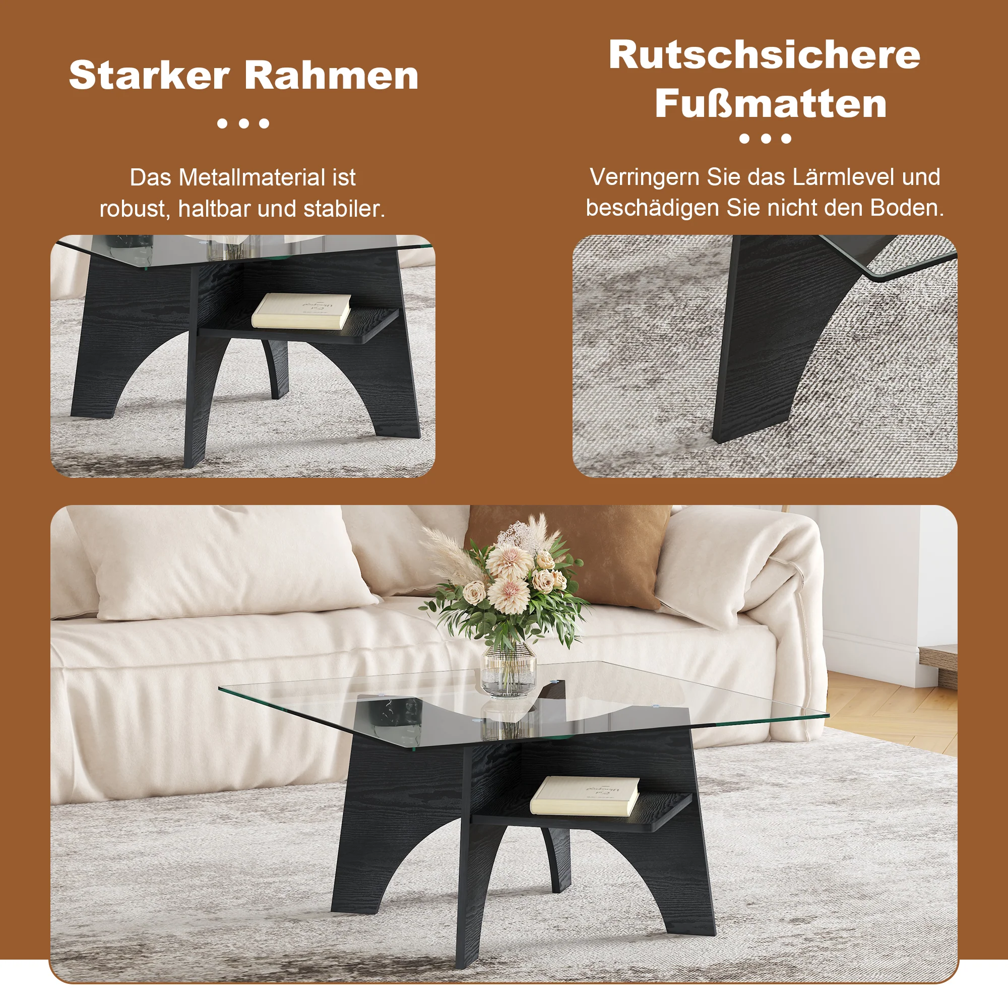 Modern Square Side/Coffee Table Tempered Glass 80cm - Black Wood Look - Image 9