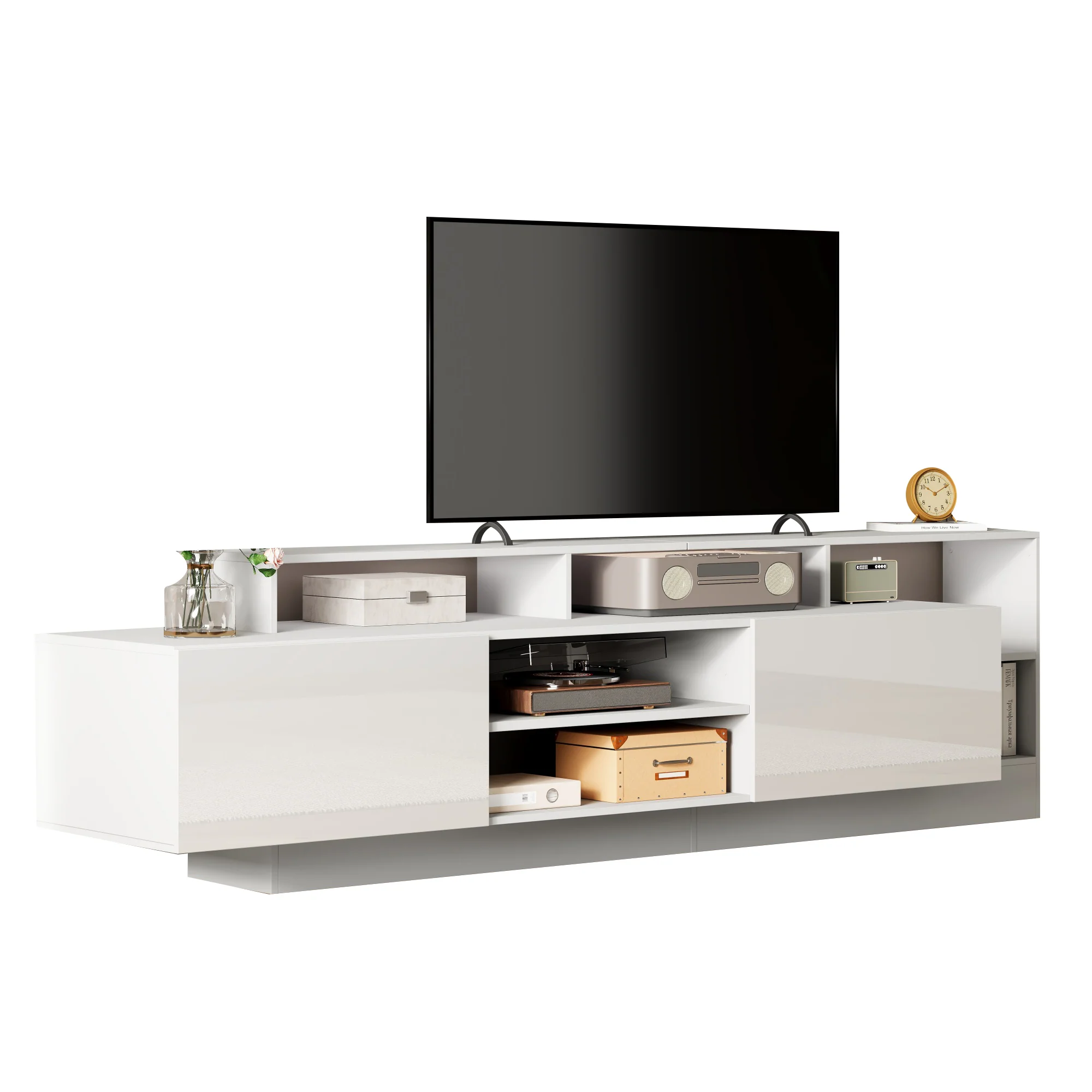 Modern TV Lowboard 190cm LED Open Storage for 70" TV - High-Gloss - Image 10