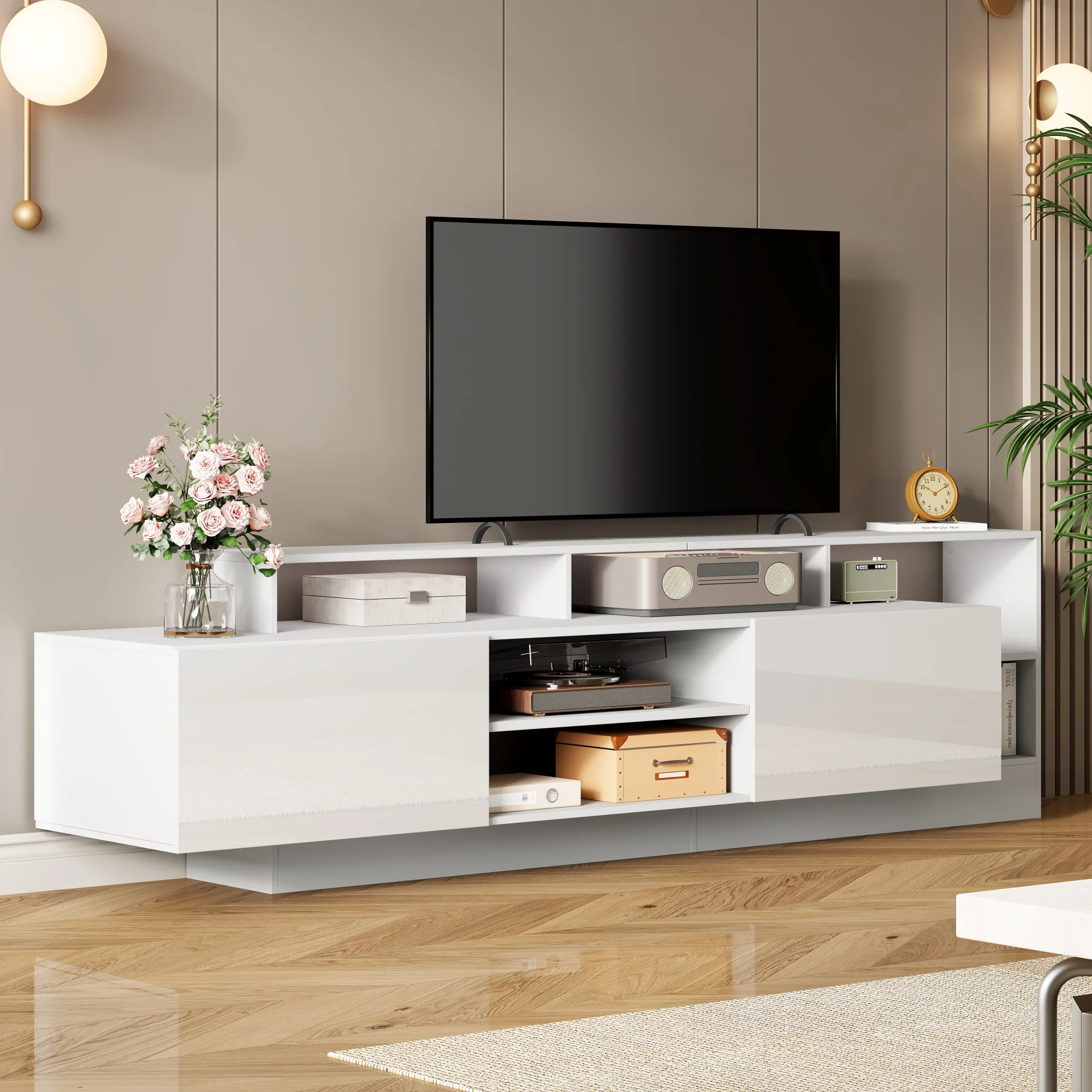 Modern TV Lowboard 190cm LED Open Storage for 70" TV - High-Gloss - Image 2