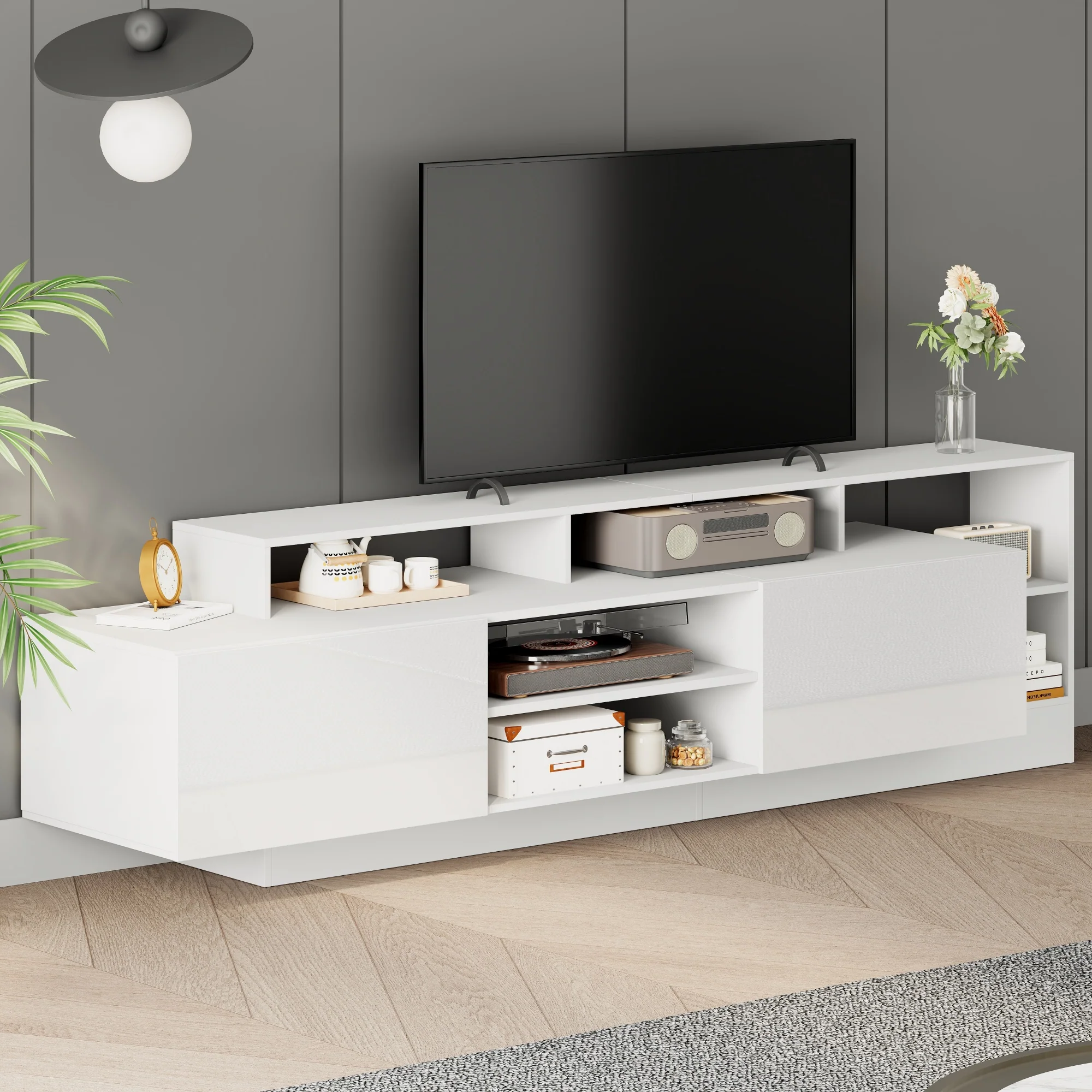 Modern TV Lowboard 190cm LED Open Storage for 70" TV - High-Gloss - Image 3