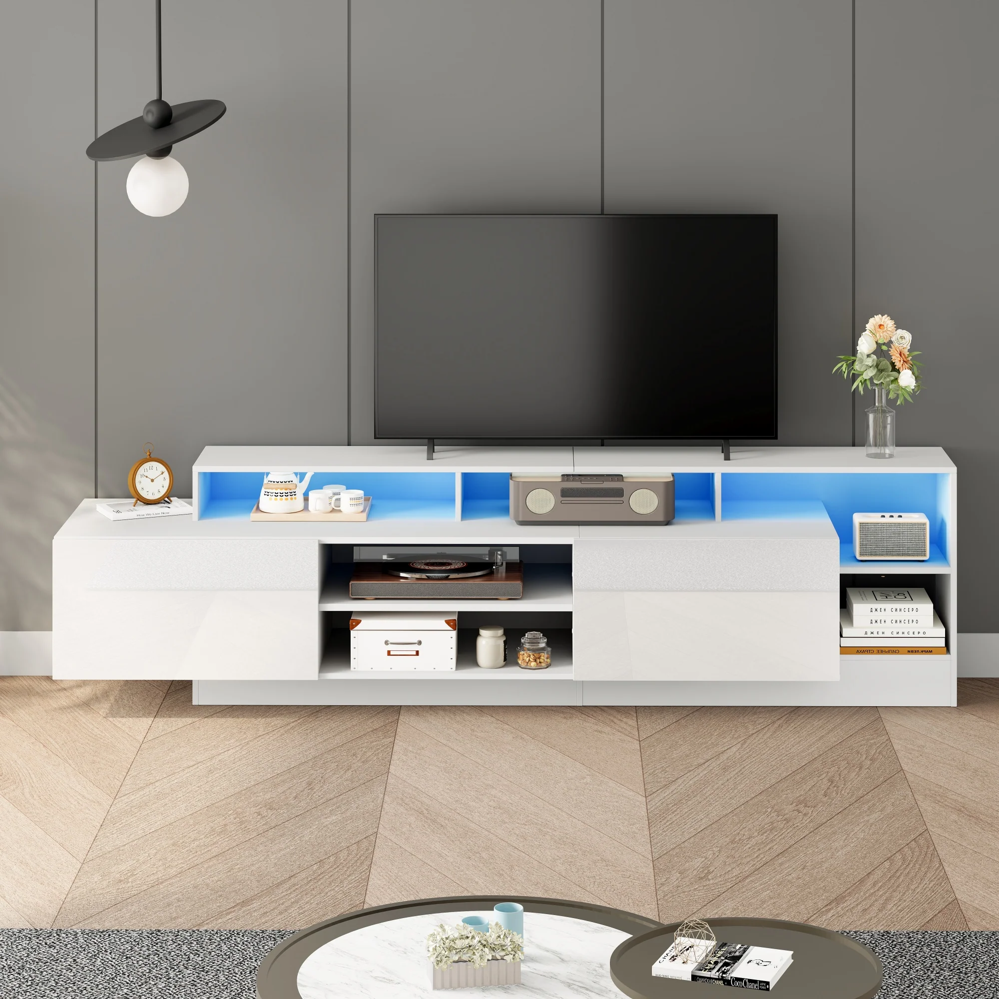 Modern TV Lowboard 190cm LED Open Storage for 70" TV - High-Gloss - Image 4