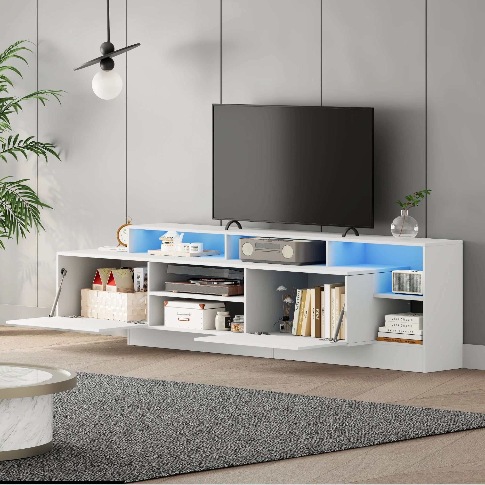 Modern TV Lowboard 190cm LED Open Storage for 70" TV - High-Gloss - Image 5