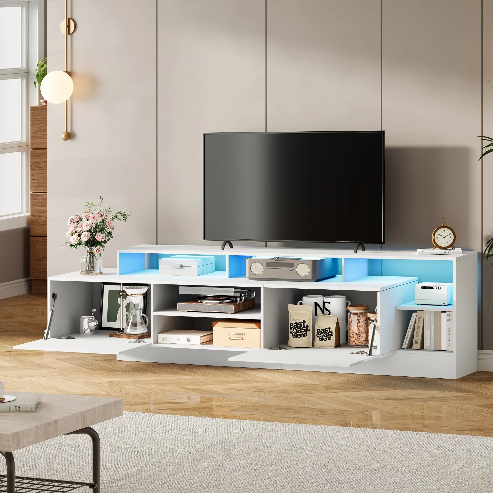 Modern TV Lowboard 190cm LED Open Storage for 70" TV - High-Gloss - Image 6
