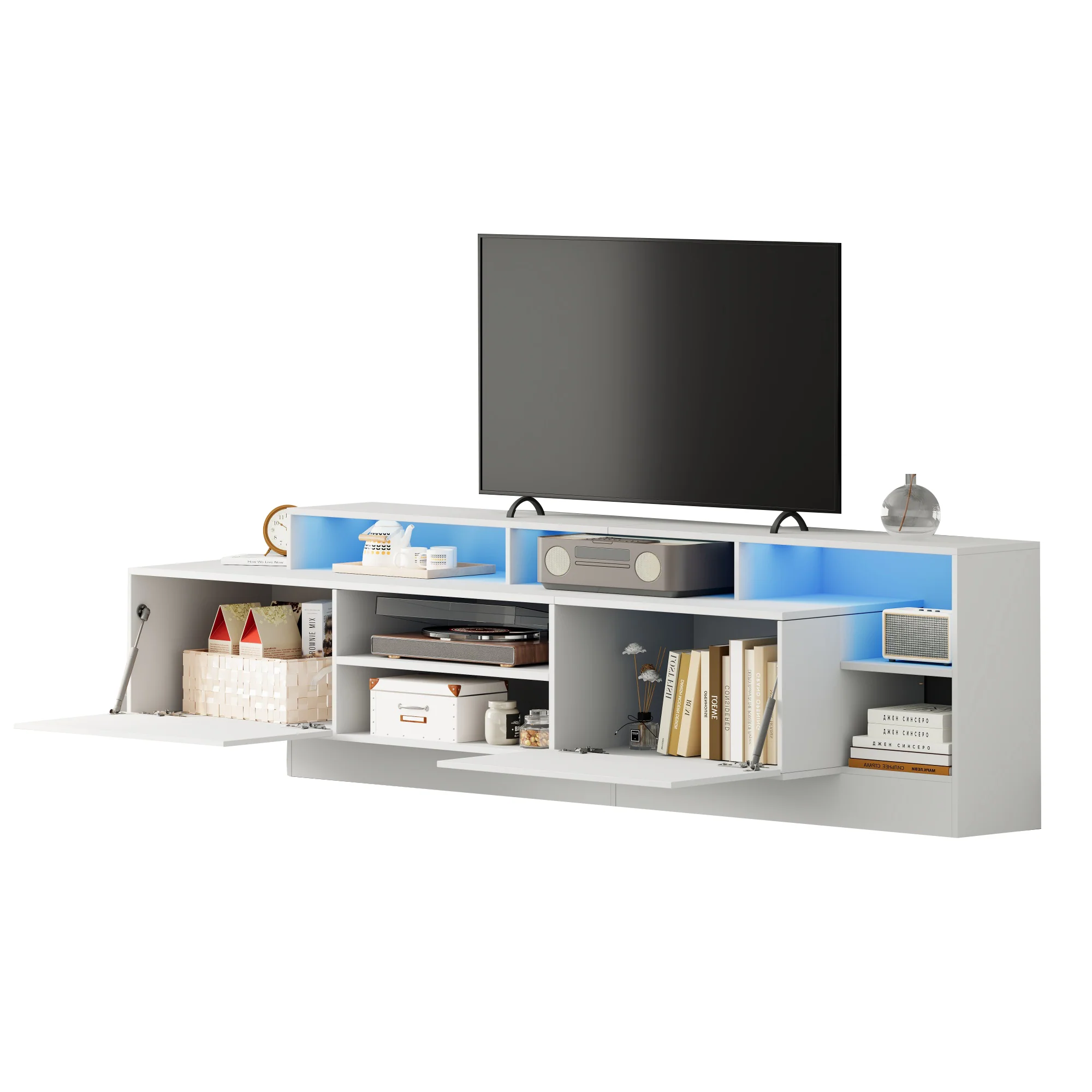 Modern TV Lowboard 190cm LED Open Storage for 70" TV - High-Gloss - Image 7