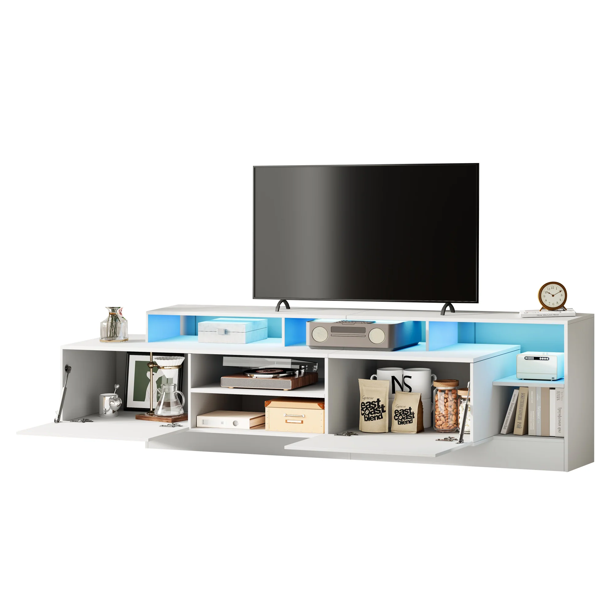 Modern TV Lowboard 190cm LED Open Storage for 70" TV - High-Gloss - Image 9