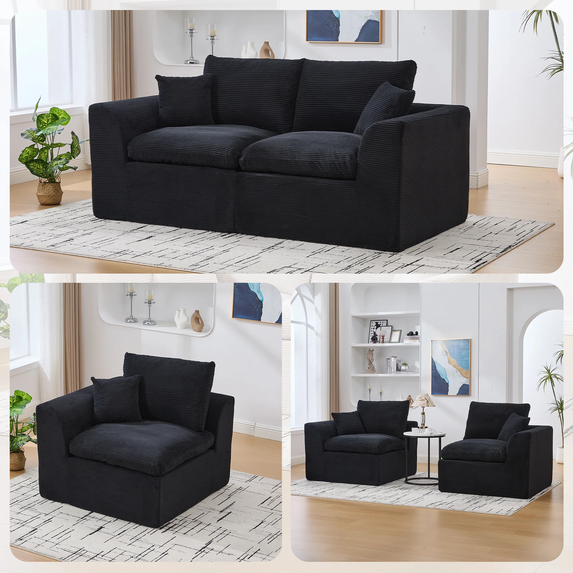 Modern Two-Seater Sofa, Nordic-Style Comfortable with Cushions, Fabric