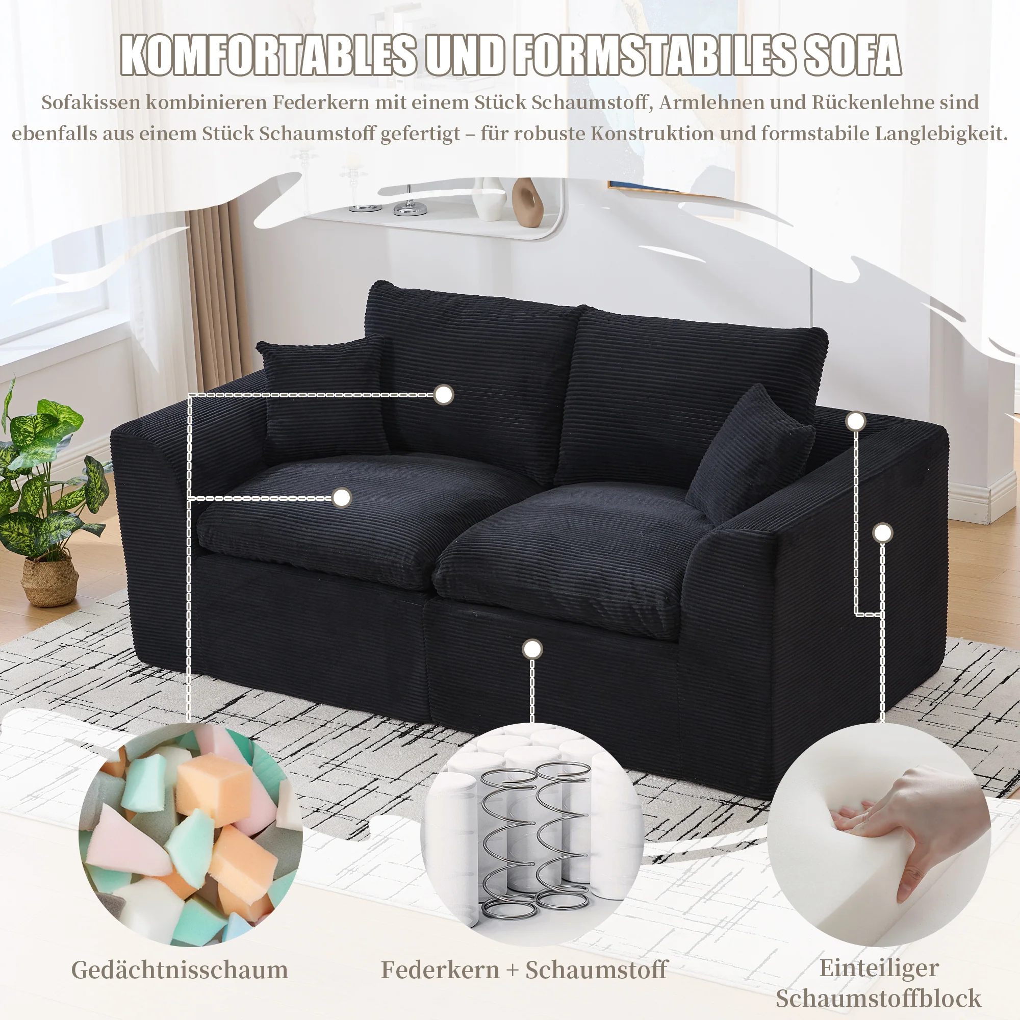 Modern Two-Seater Sofa, Nordic-Style Comfortable with Cushions, Fabric - Image 2