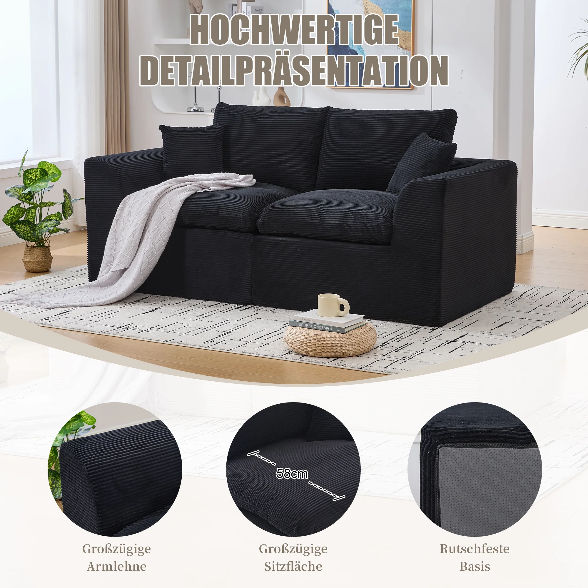 Modern Two-Seater Sofa, Nordic-Style Comfortable with Cushions, Fabric - Image 4