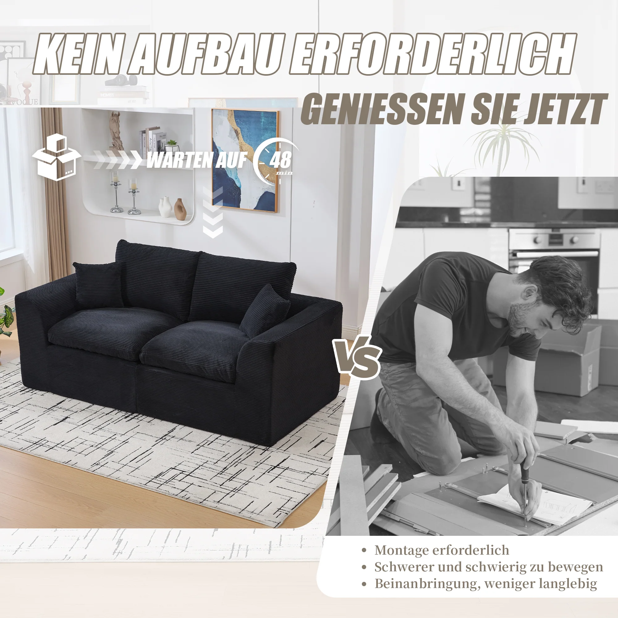 Modern Two-Seater Sofa, Nordic-Style Comfortable with Cushions, Fabric - Image 5