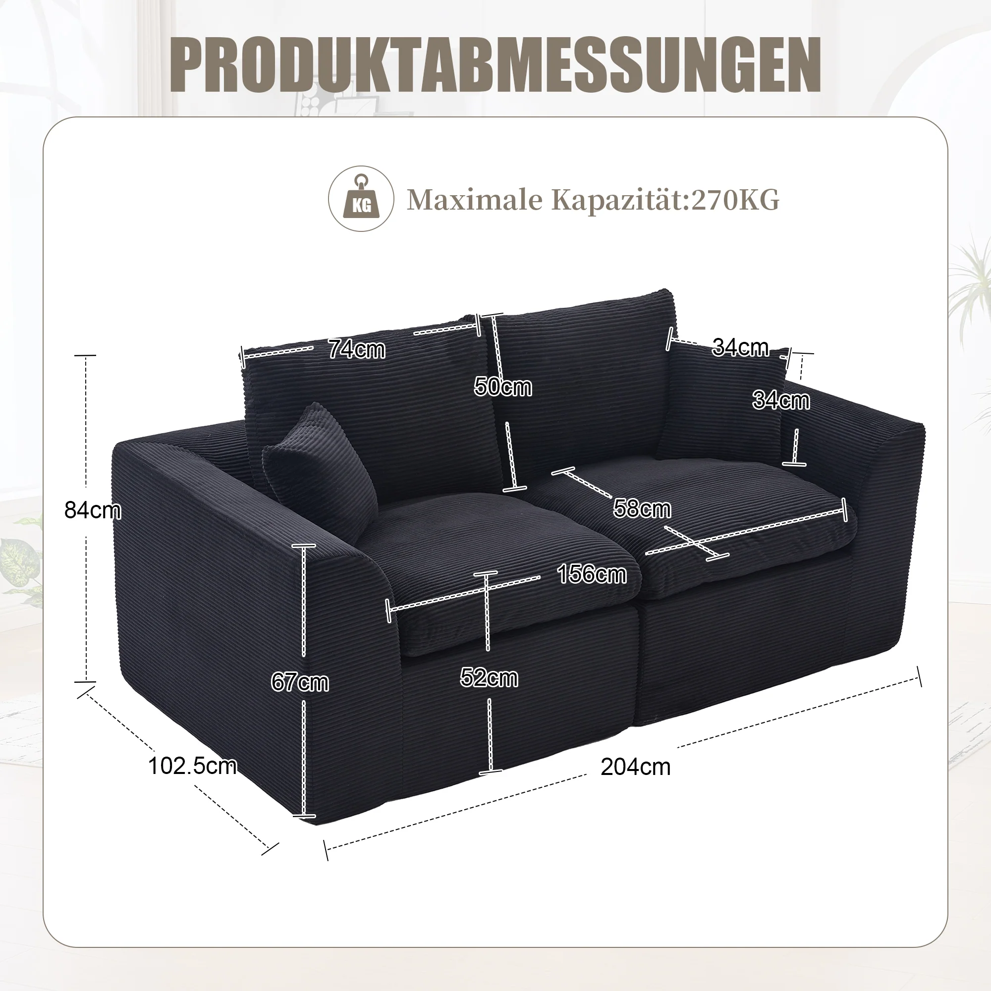 Modern Two-Seater Sofa, Nordic-Style Comfortable with Cushions, Fabric - Image 7